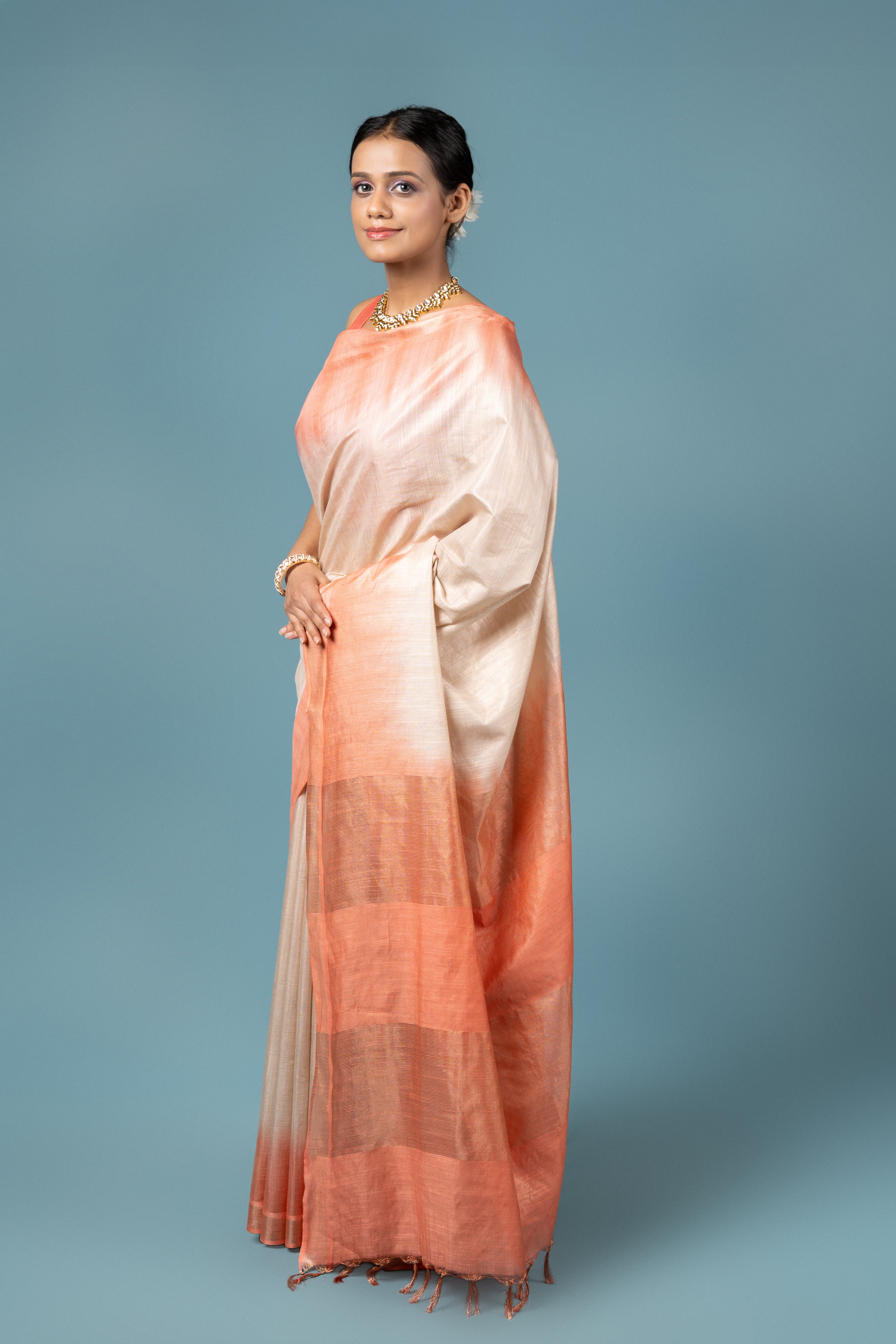 Peach And Beige Tussar Silk Saree