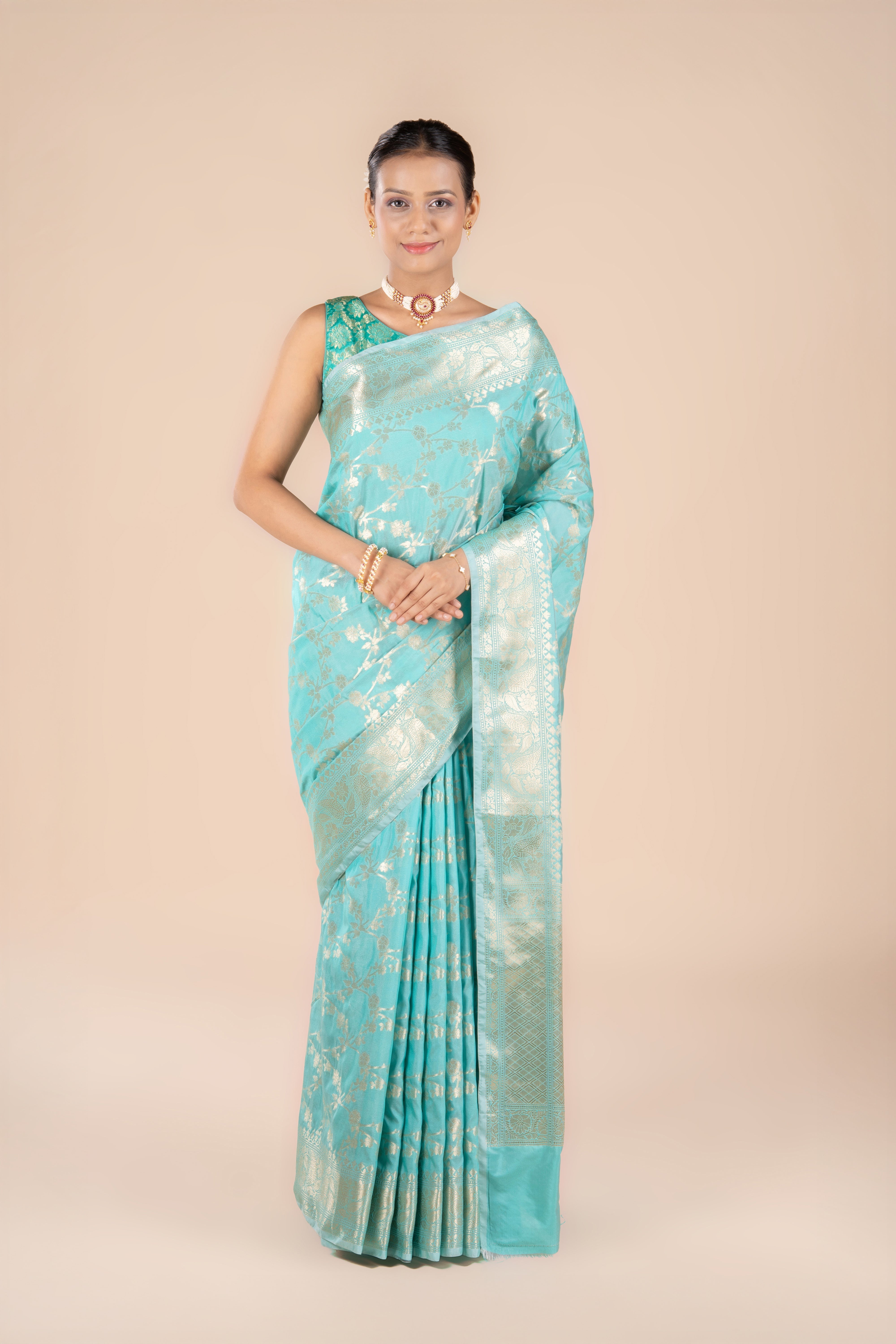 Sea Green Katan Silk Banarasi Saree with Jaal pattern