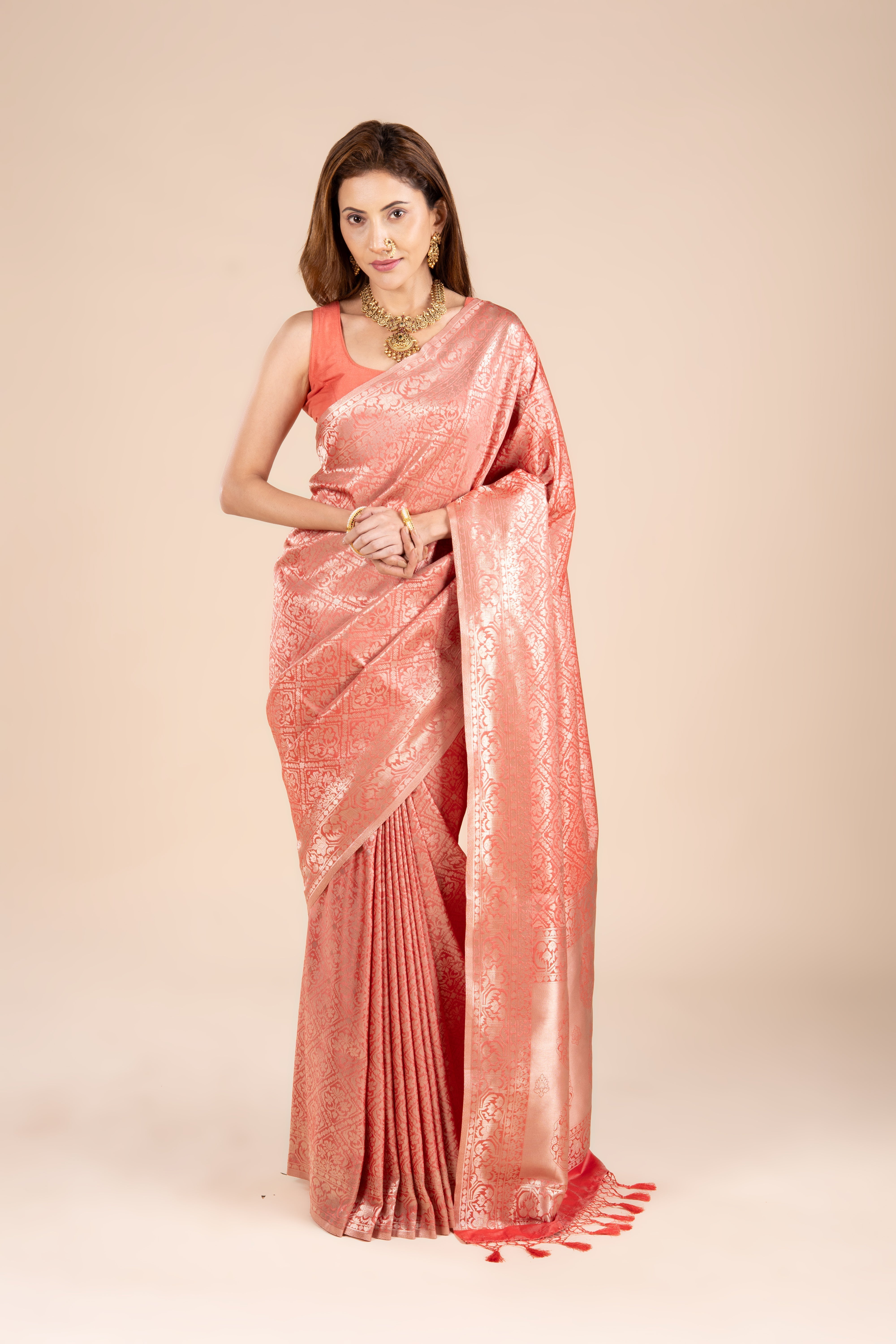 Cherry Red Soft Silk Brocade Saree
