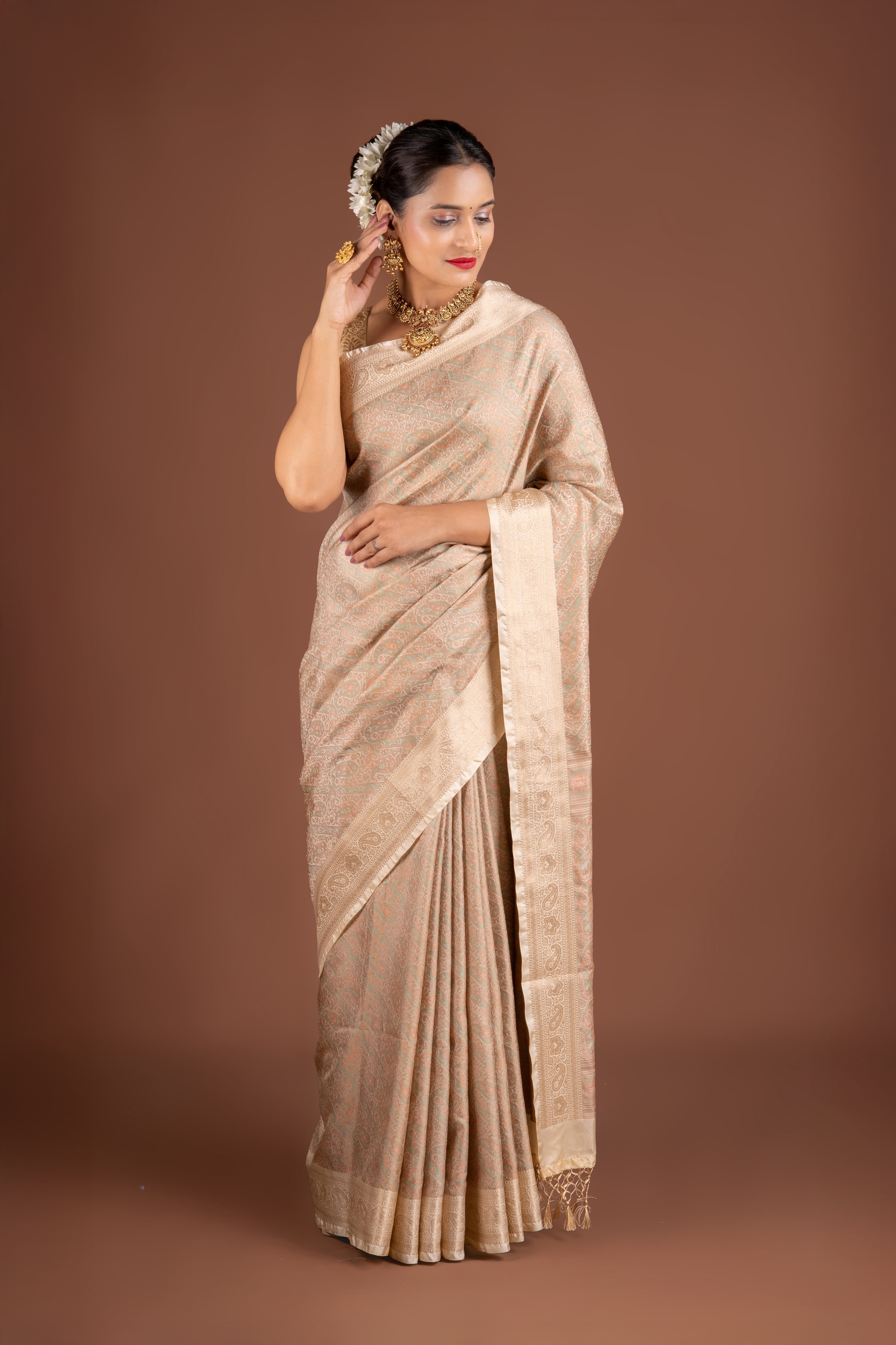Cream Dola Silk Pashmina Saree