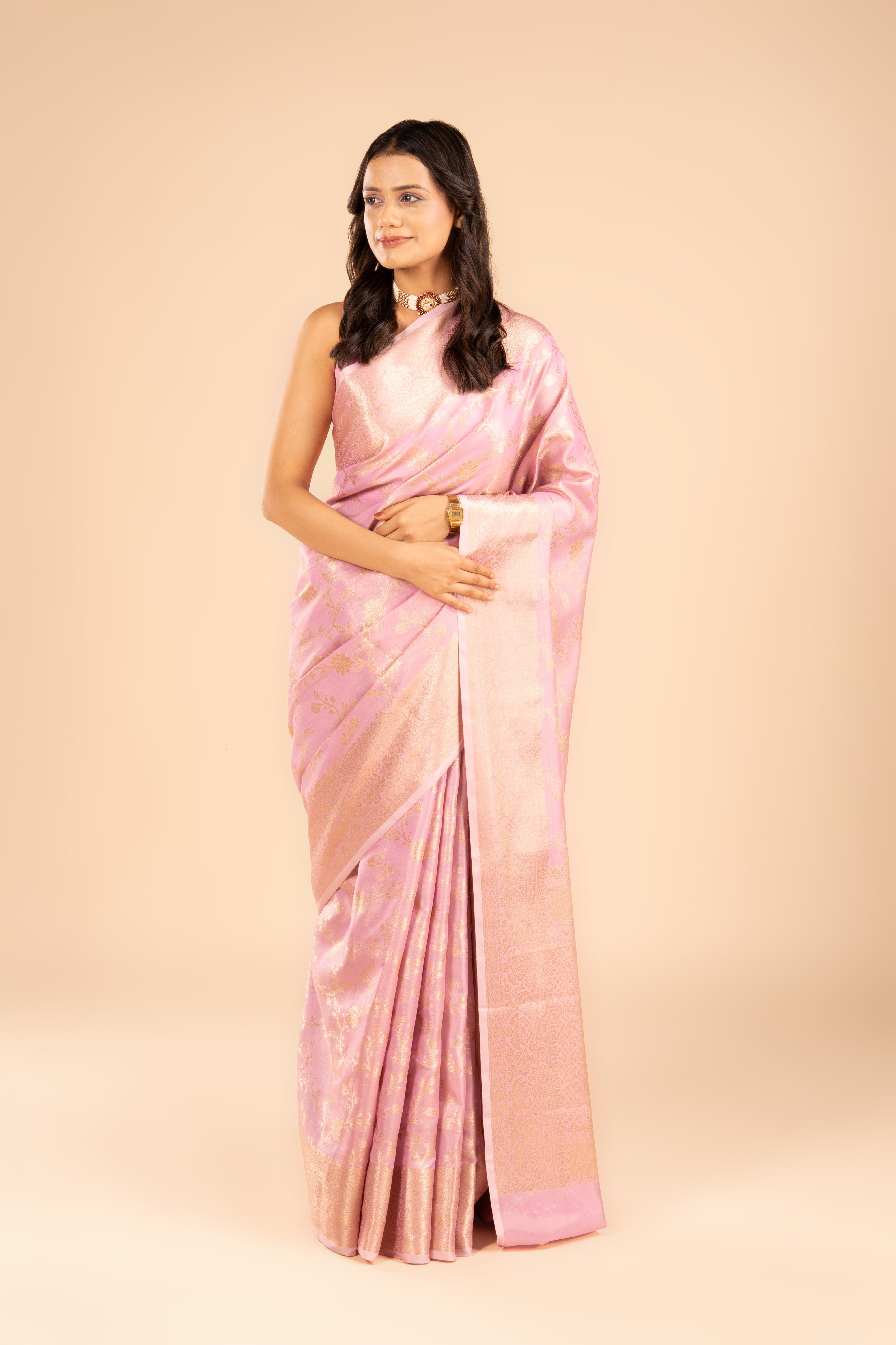 Pink Tissue Silk Saree with Jaal pattern