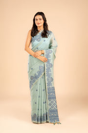 Sea Green Cotton Saree with Threadwork