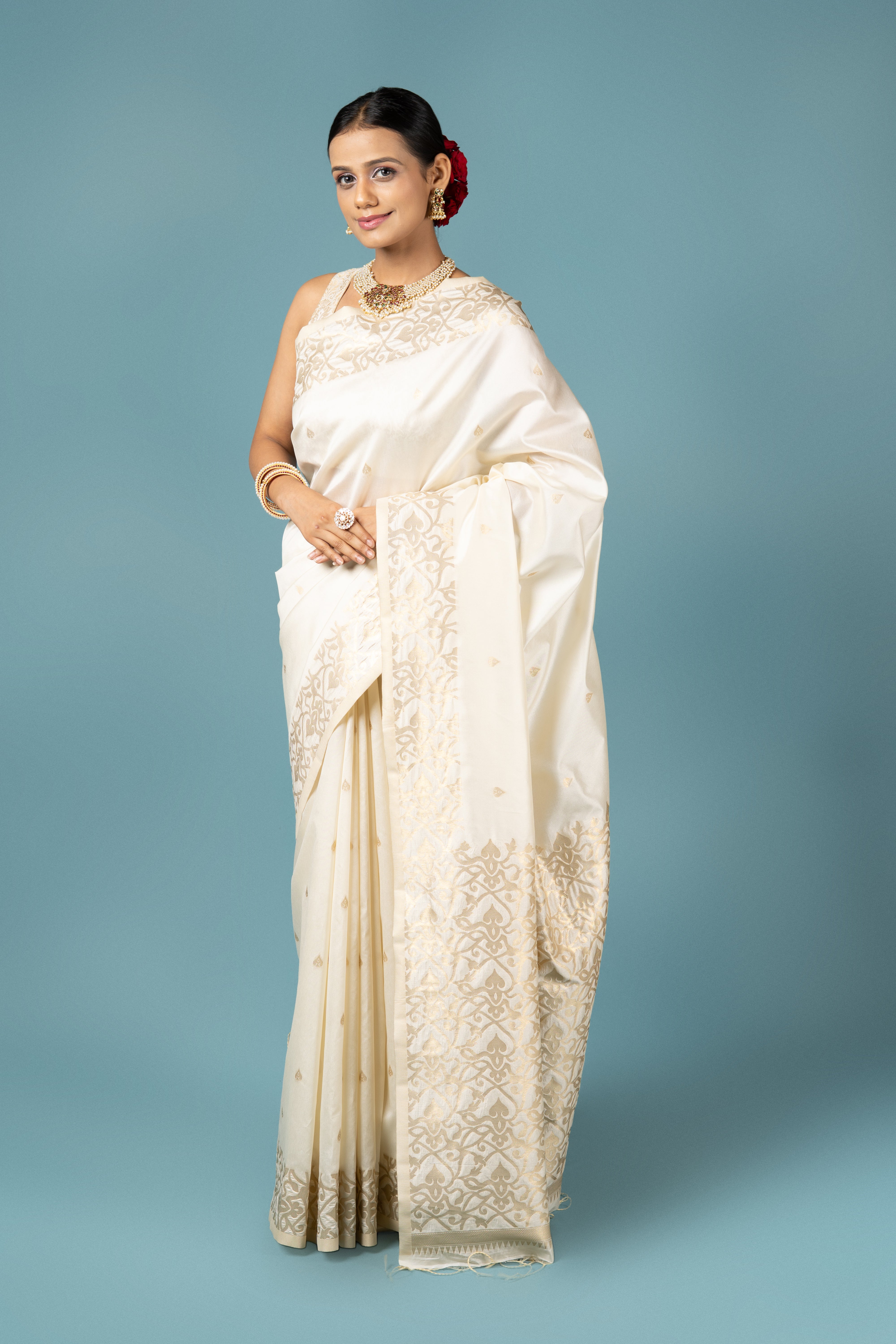 Cream Katan Silk Saree