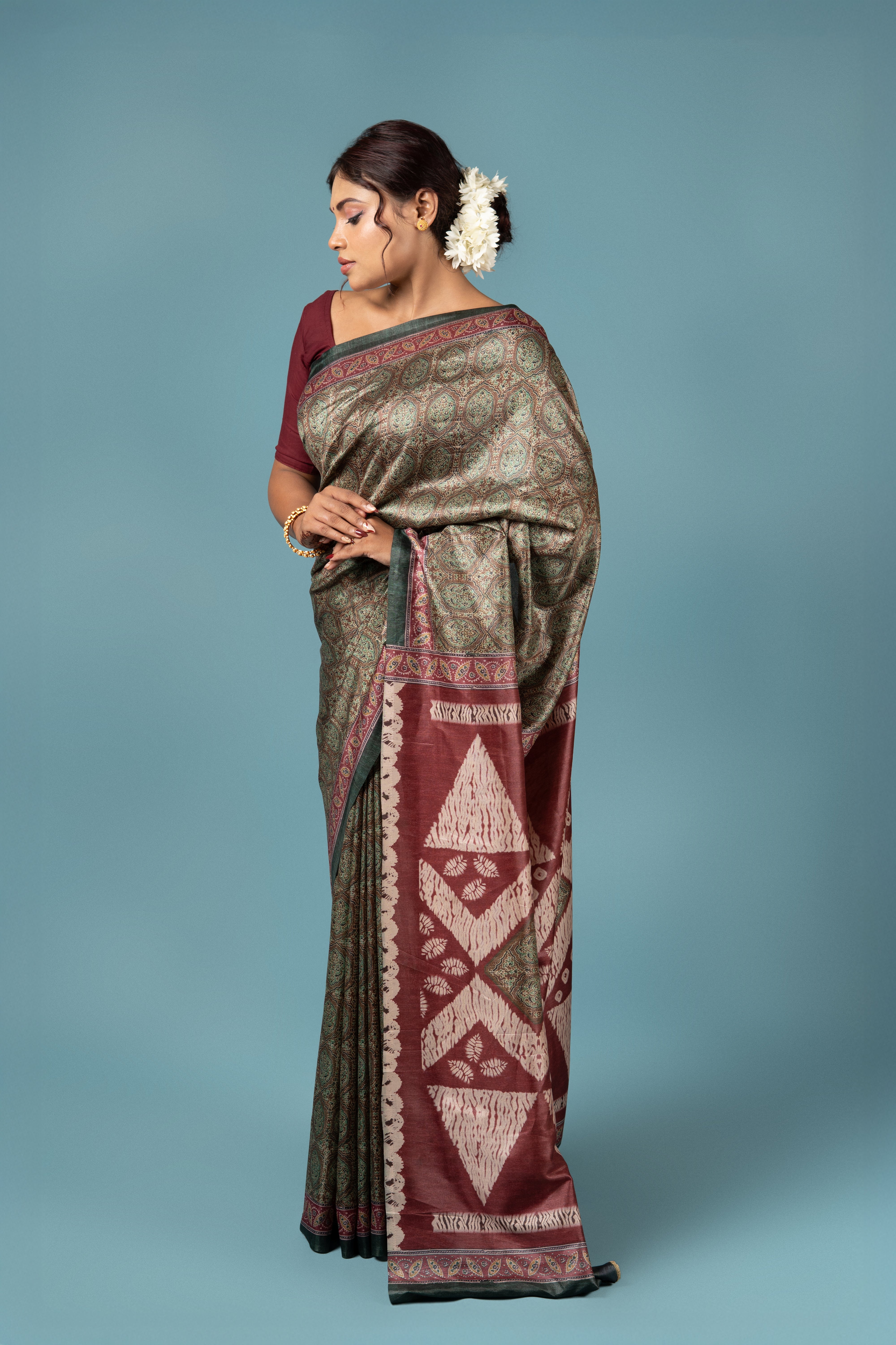 Green Crepe Saree with Ajrak Print