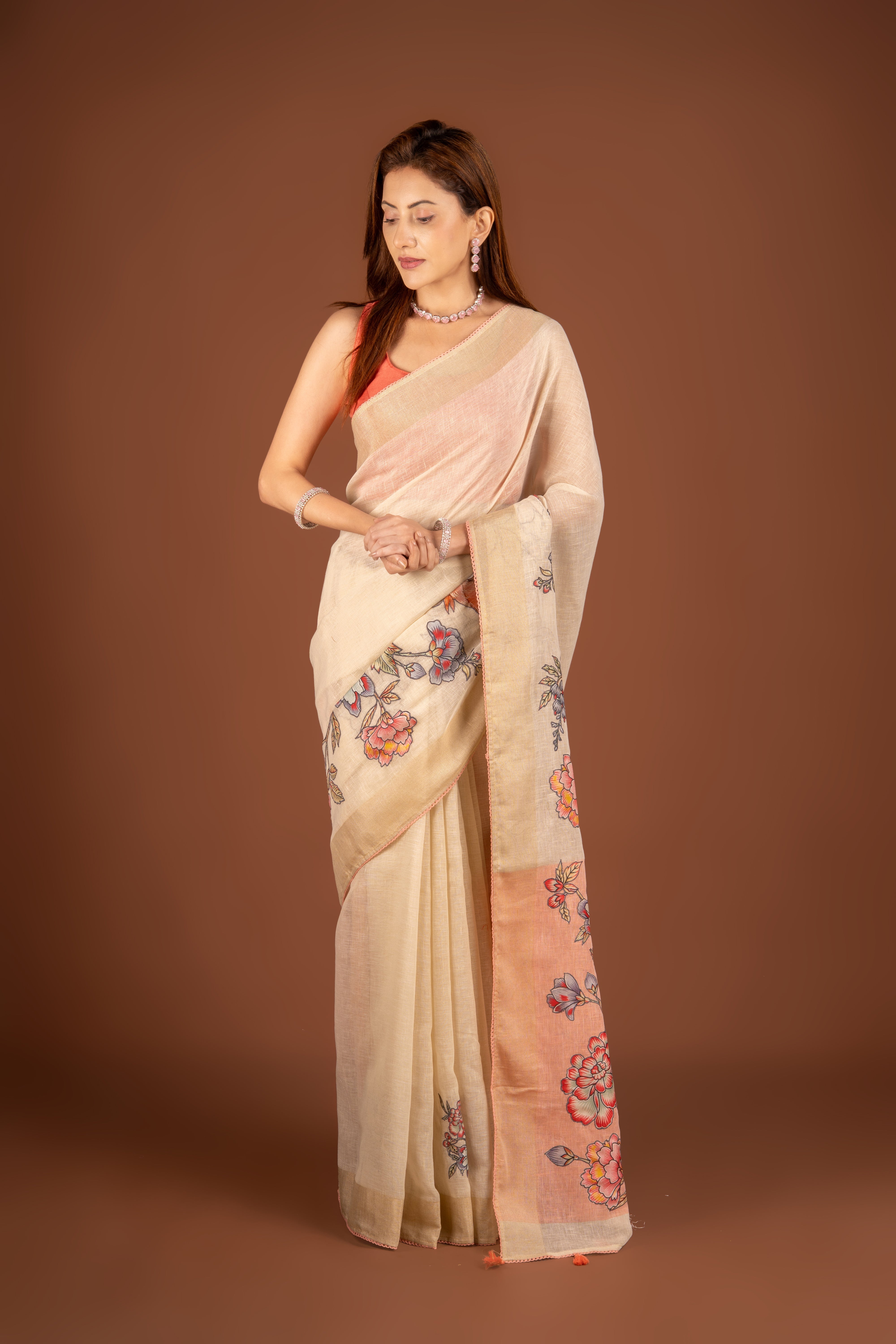 Cream Silk Jute Saree