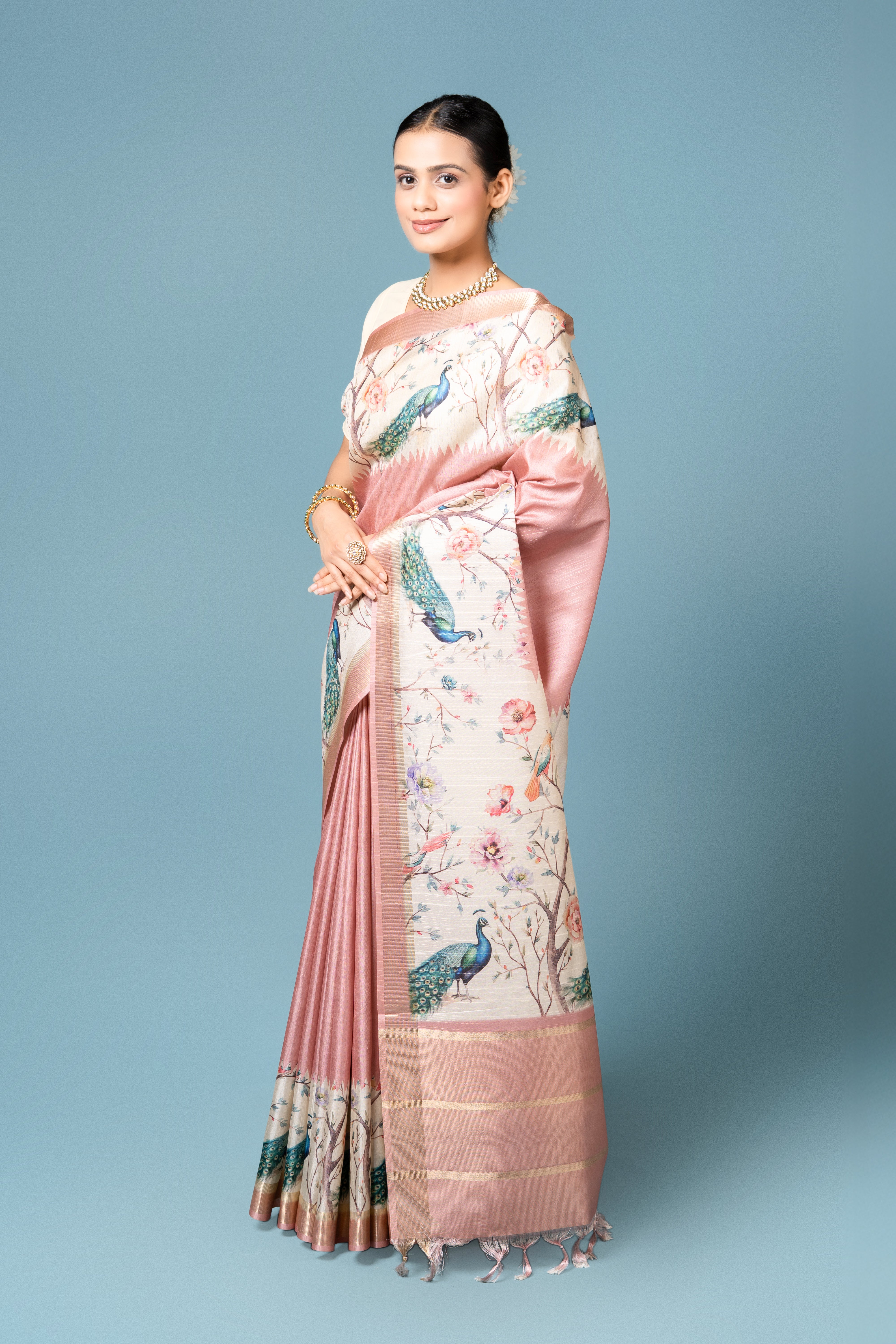 Peach Tussar Silk Saree