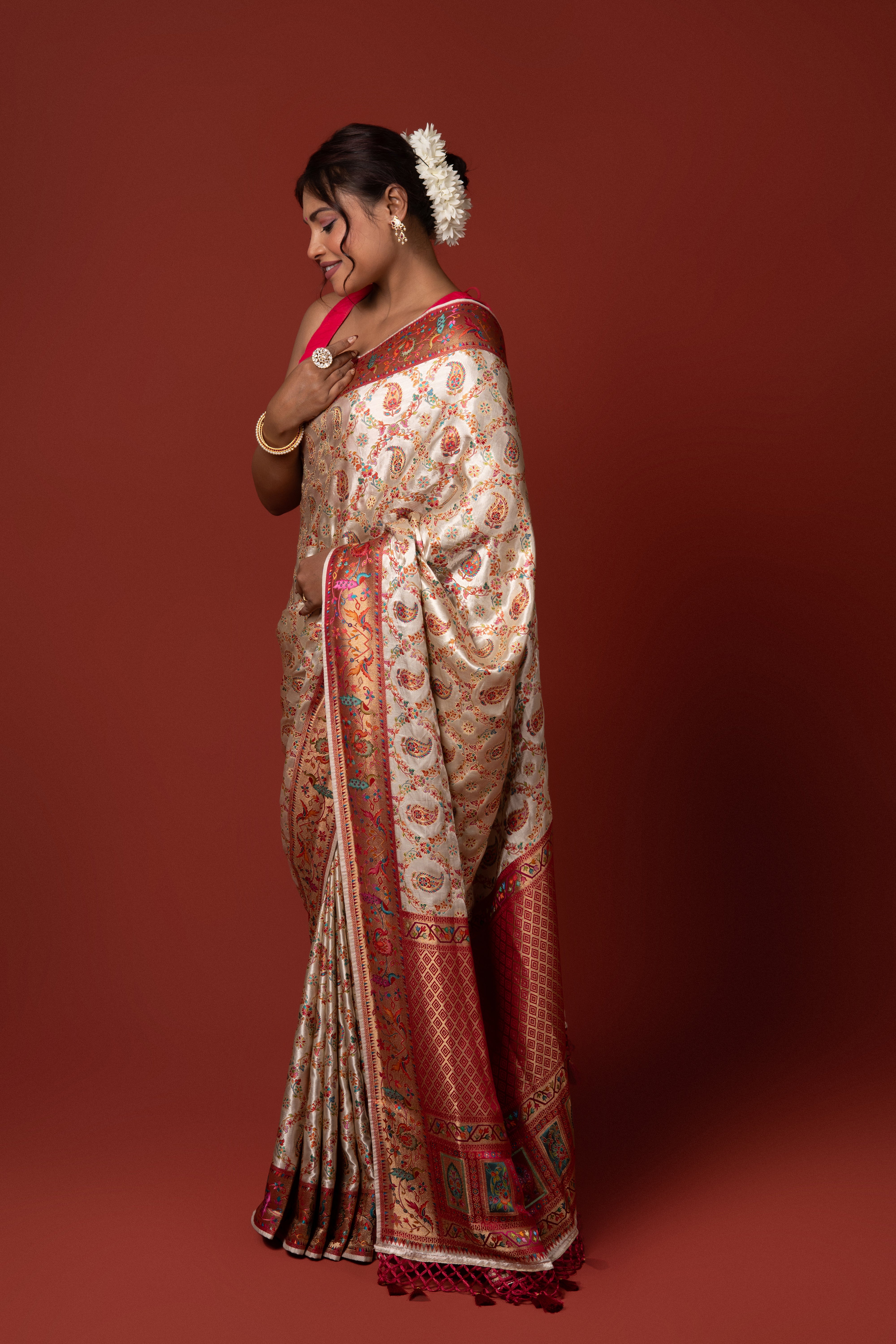 Cream Katan Silk Pashmina Saree