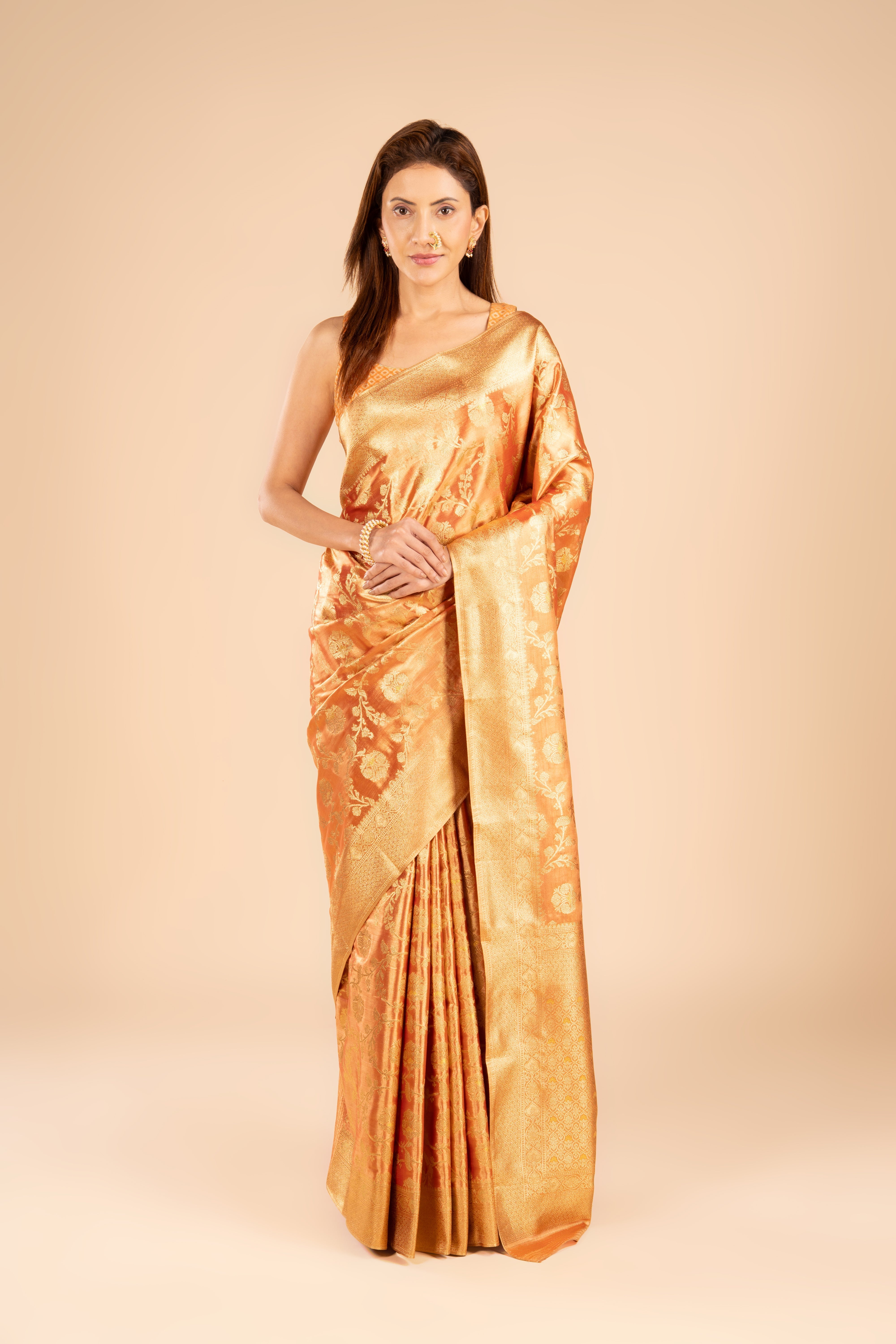 Orange Tissue Silk Brocade Saree with Jaal pattern
