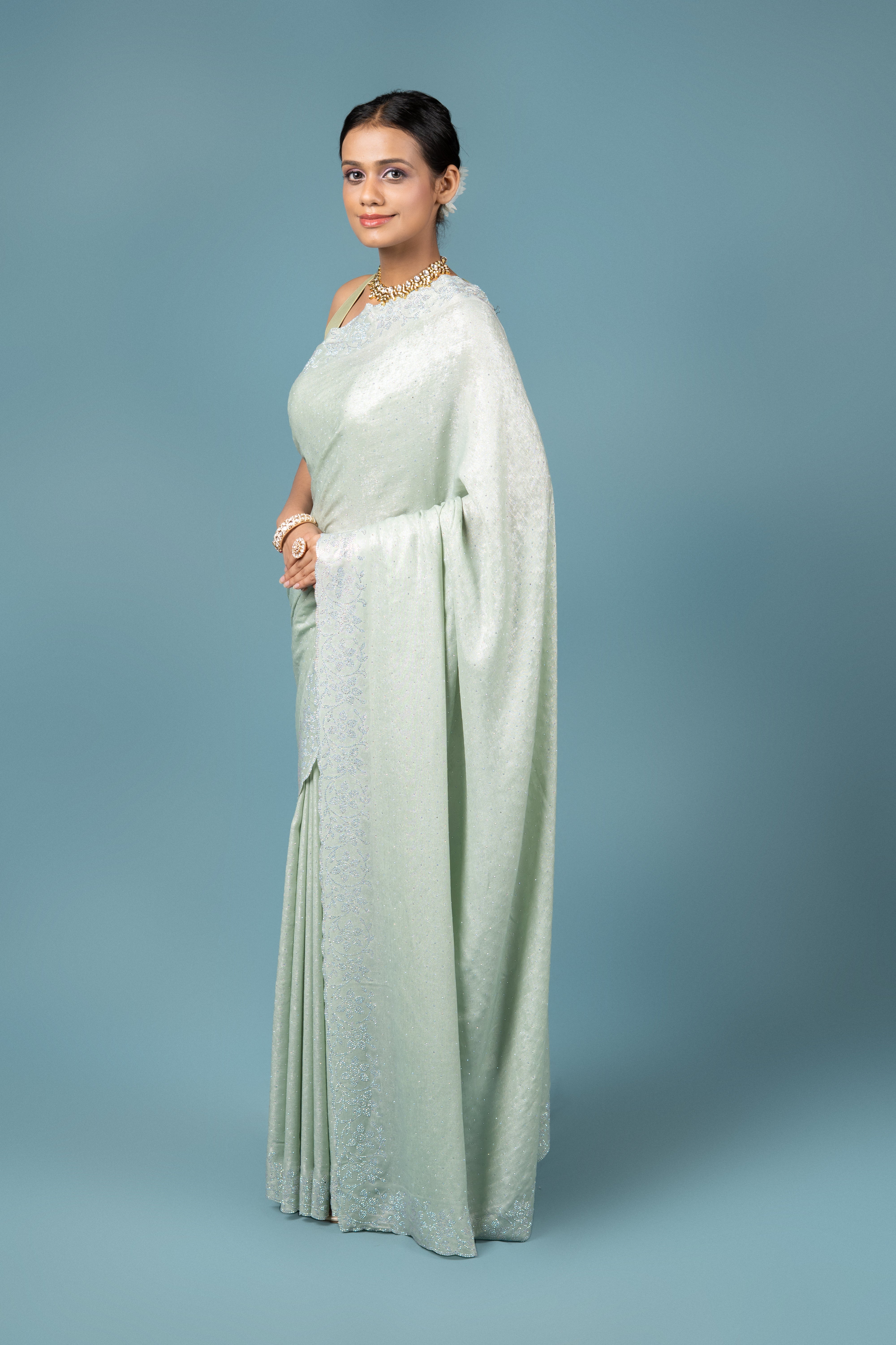 Pastel Green Georgette Saree with Stone Work