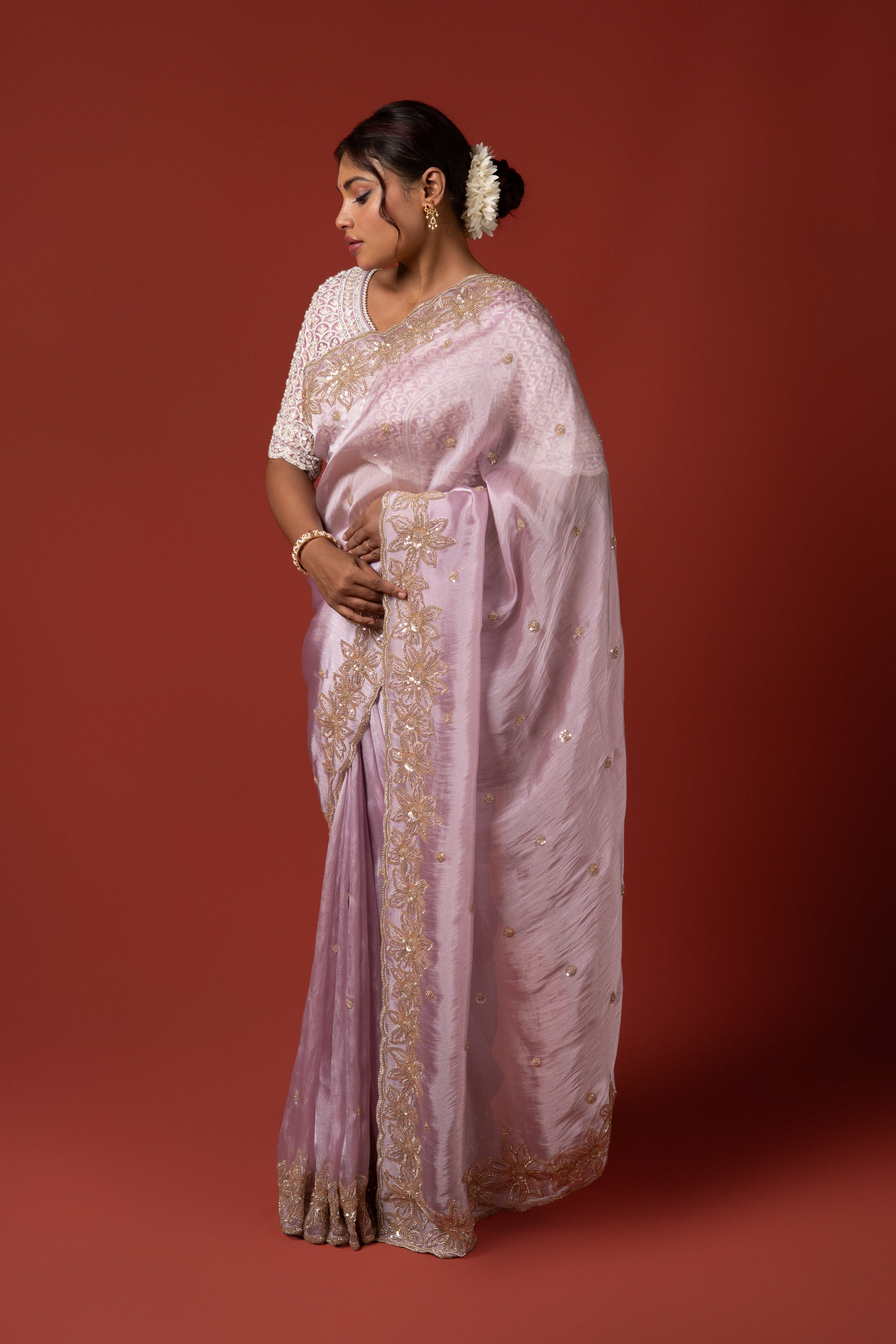 Pastel Purple Organza Saree With Stone Work