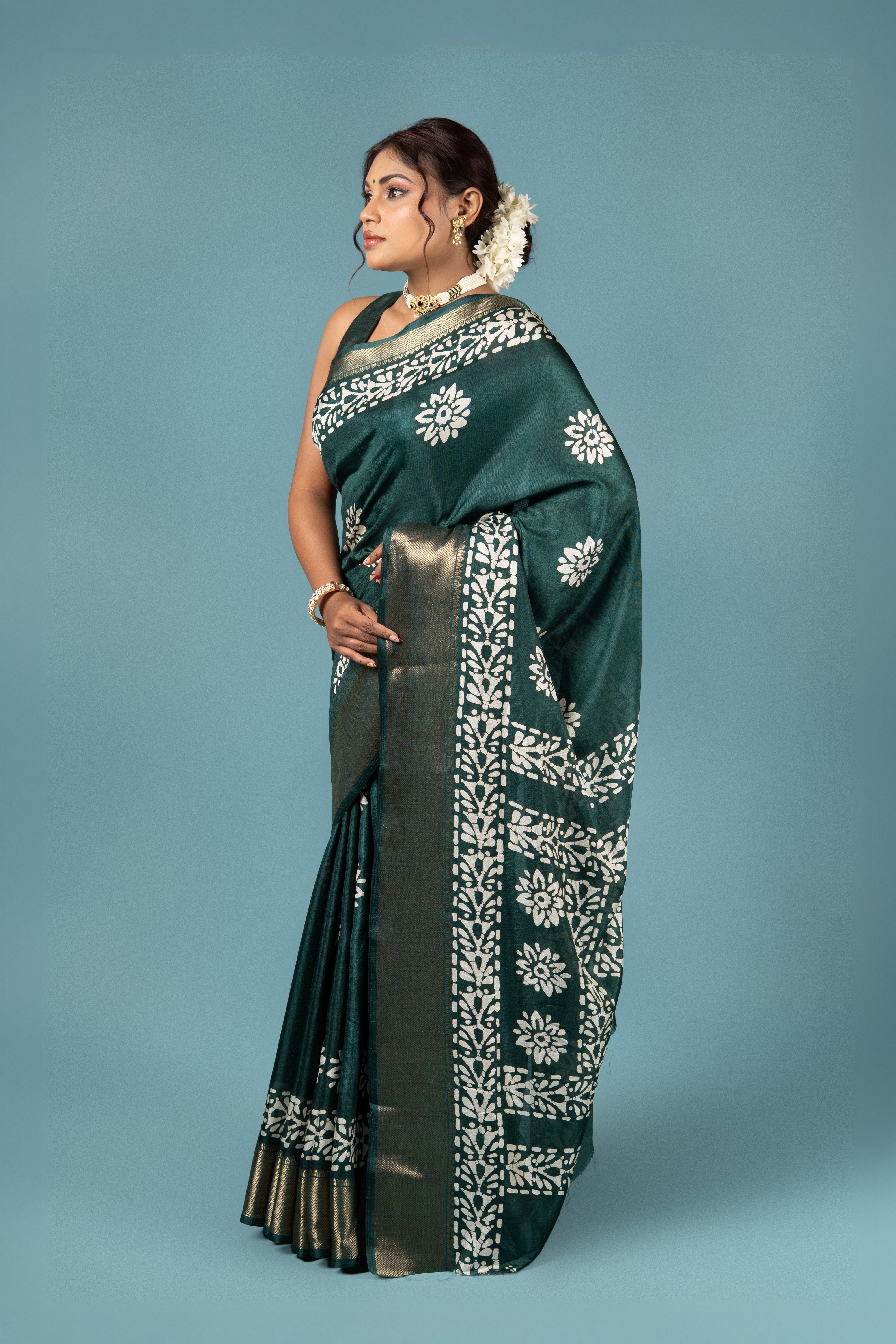 Bottle Green Tussar Silk Saree