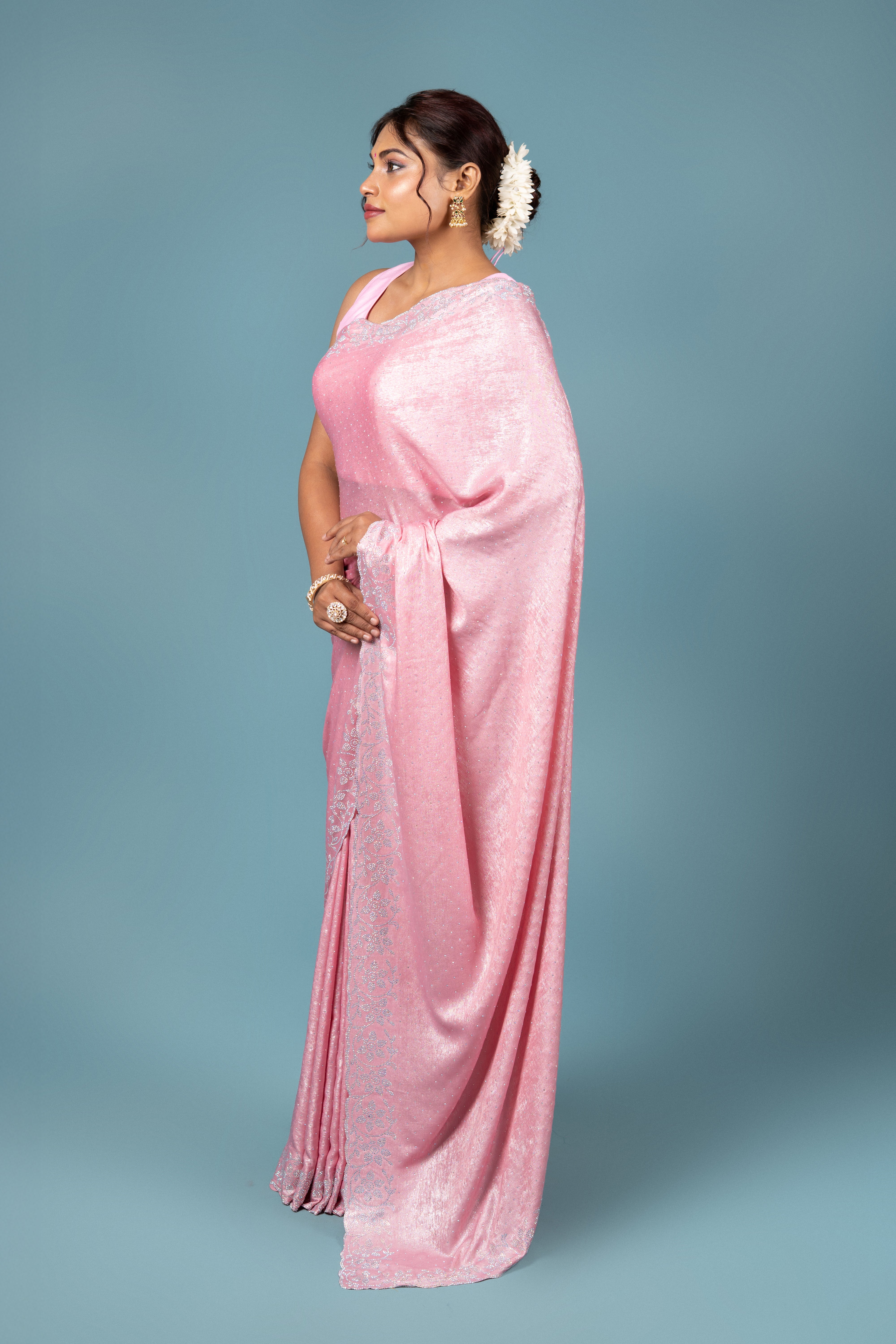 Pastel Pink Georgette Saree with Stone Work