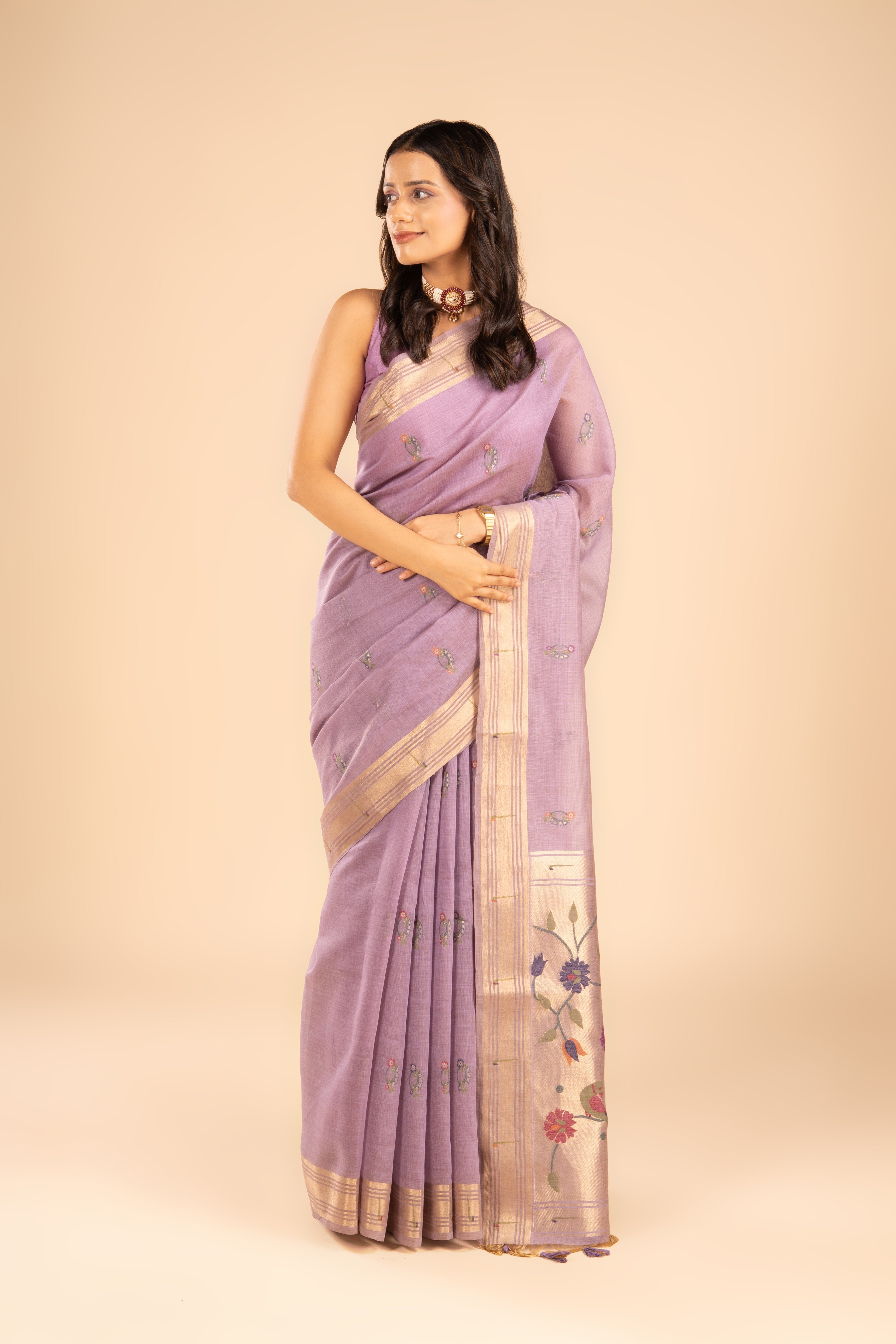 Pastel Purple Cotton Paithani Saree