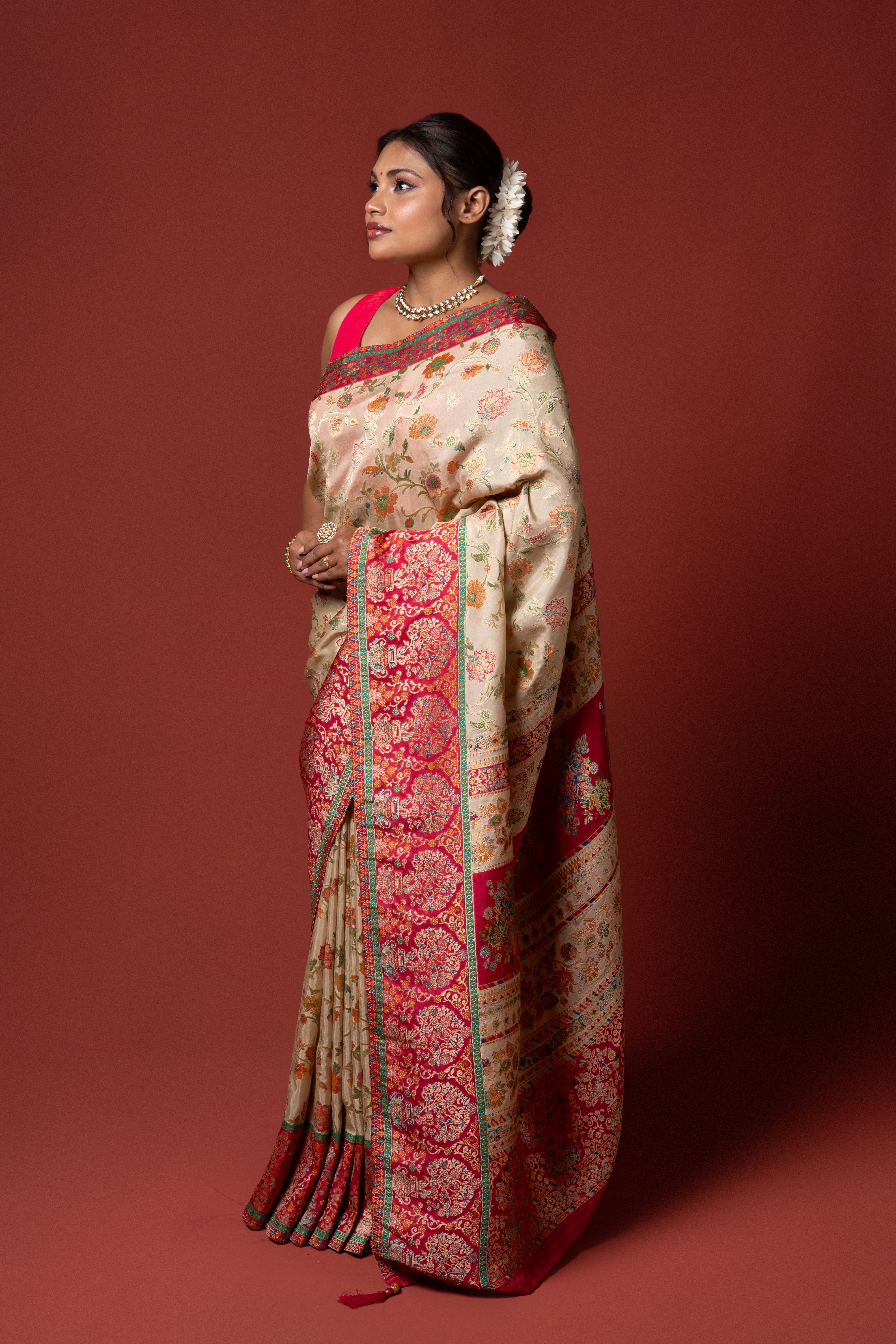 Cream Yellow Katan Silk Saree