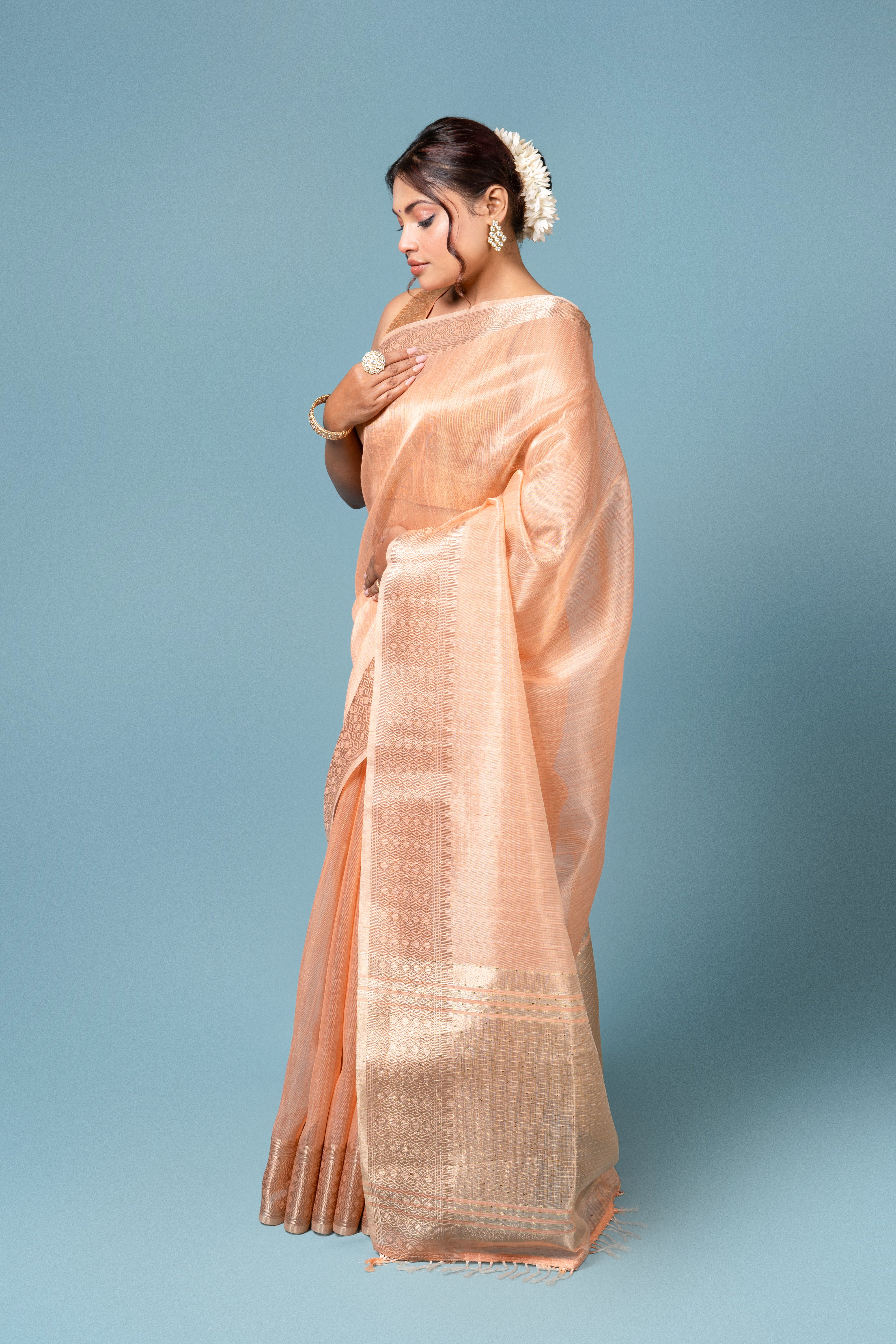 Light Orange Tussar Silk Saree