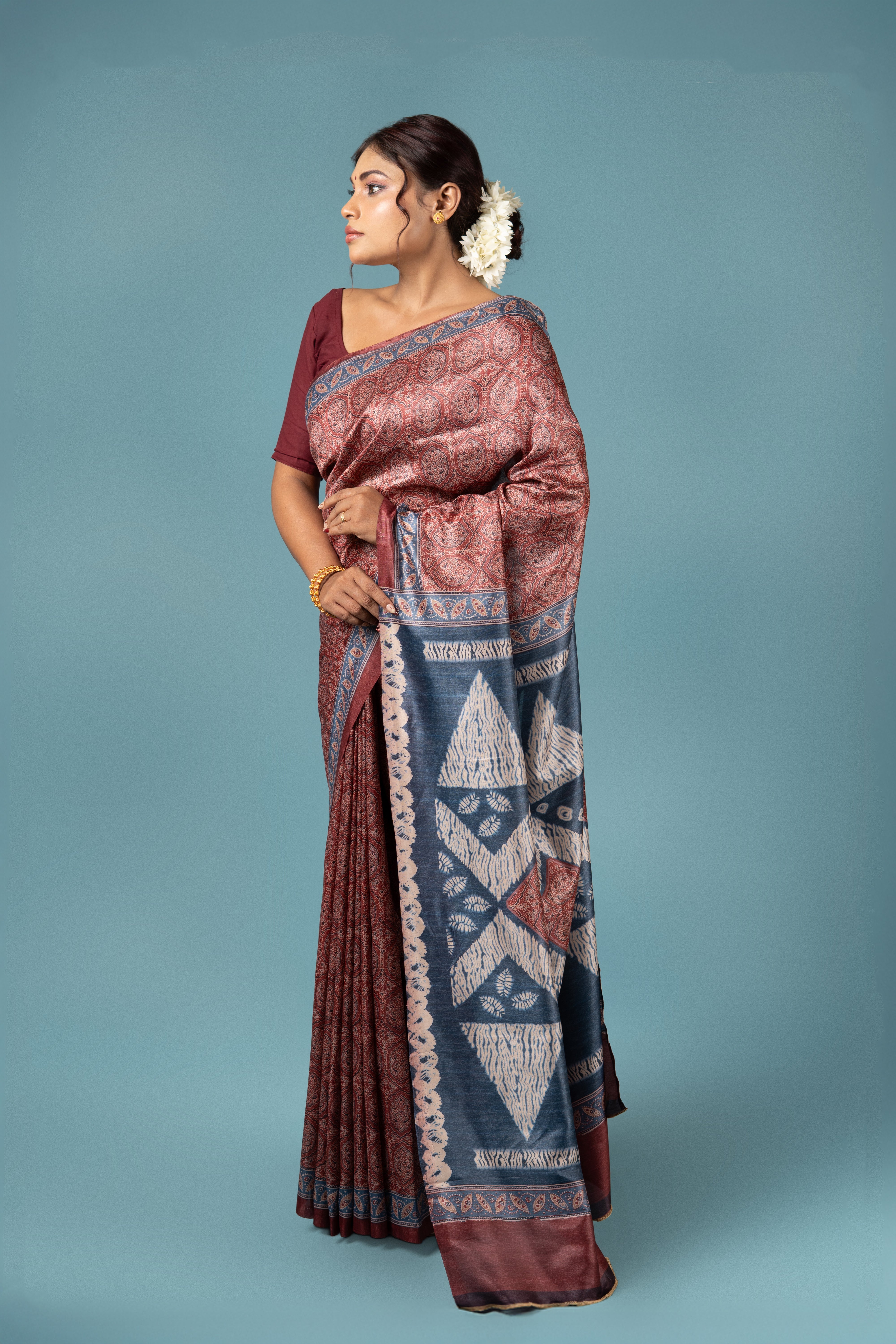 Rust Crepe Saree with Ajrak Print