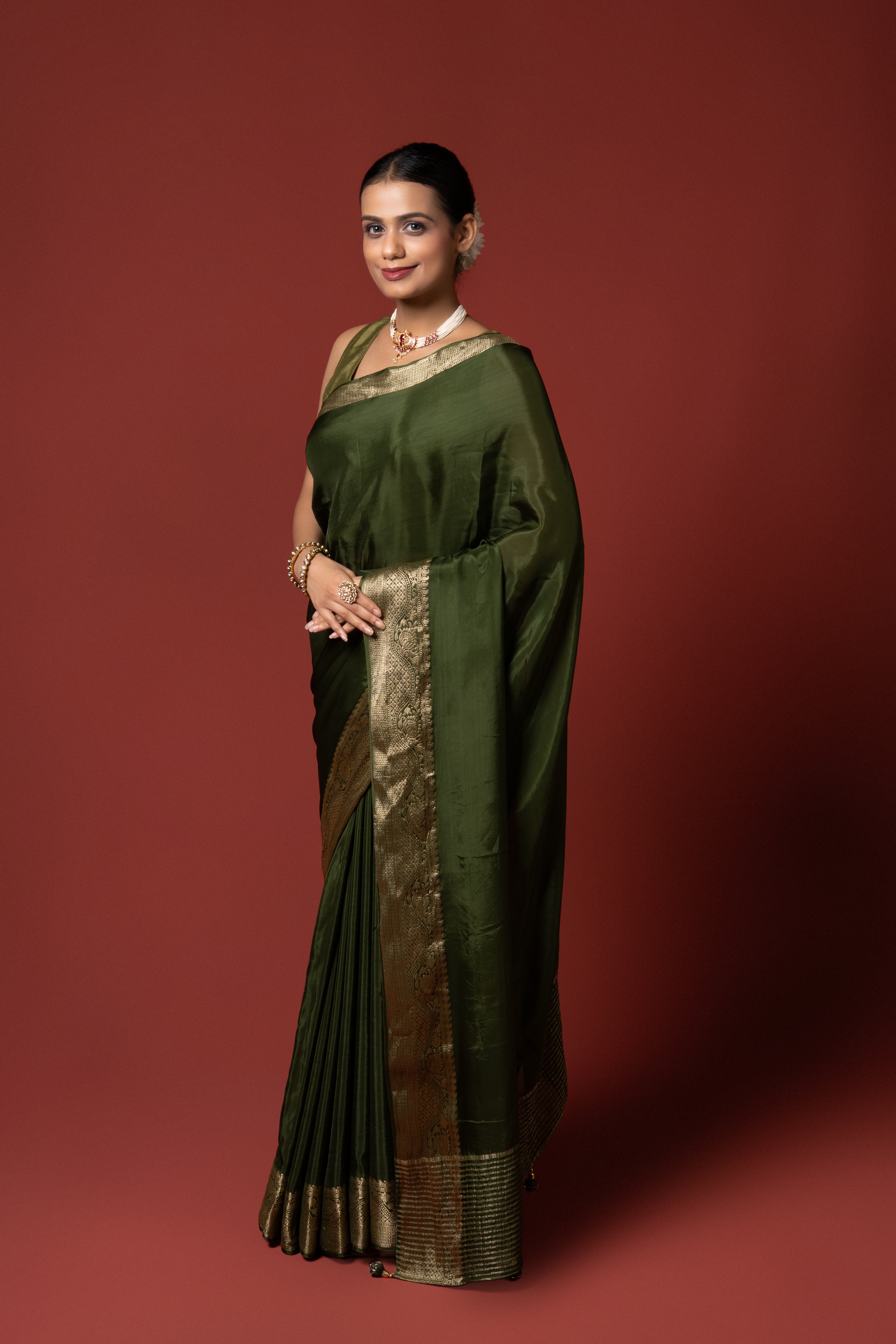 Olive Green Crepe Silk Saree