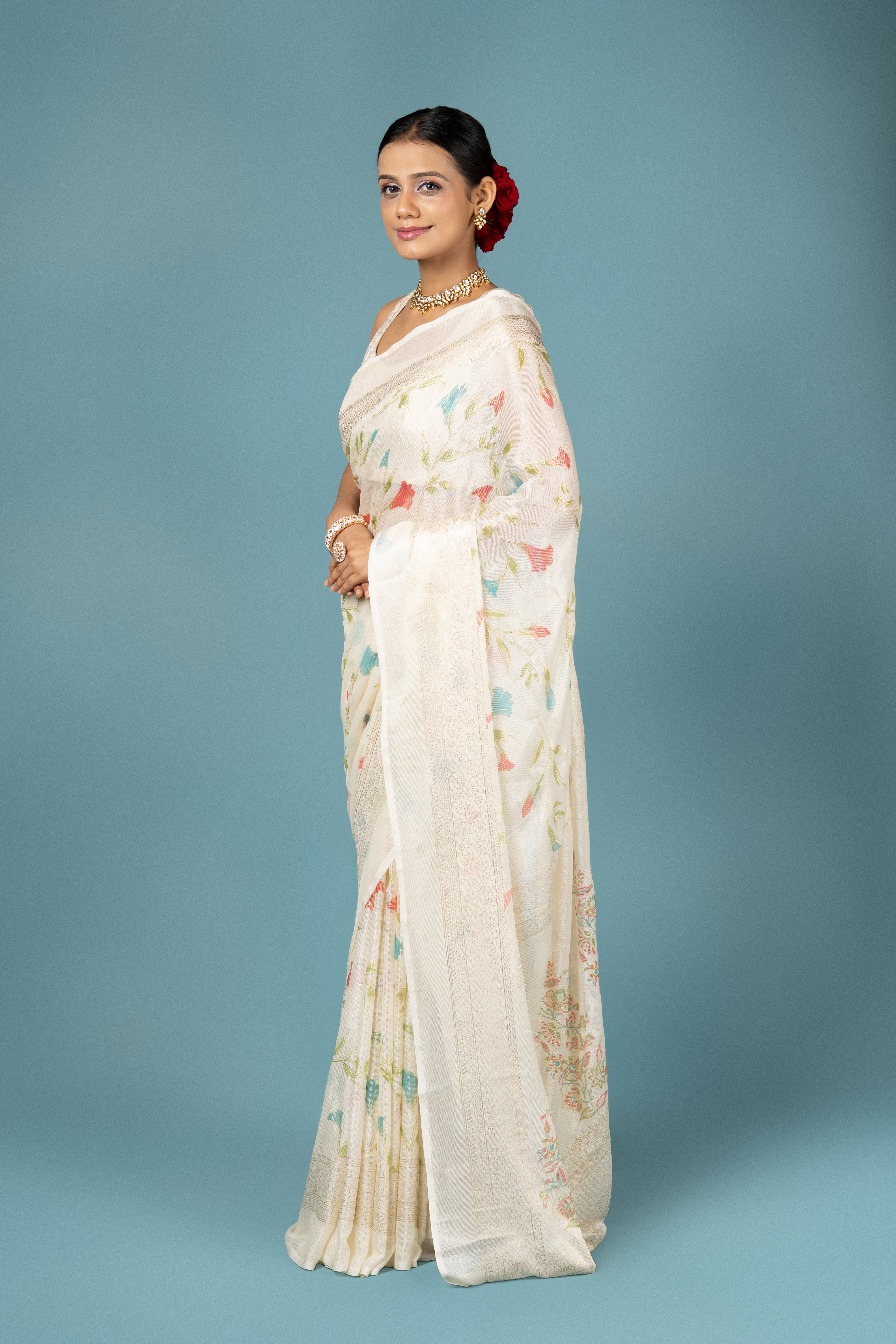 Cream Georgette Saree with Gold Foil Print