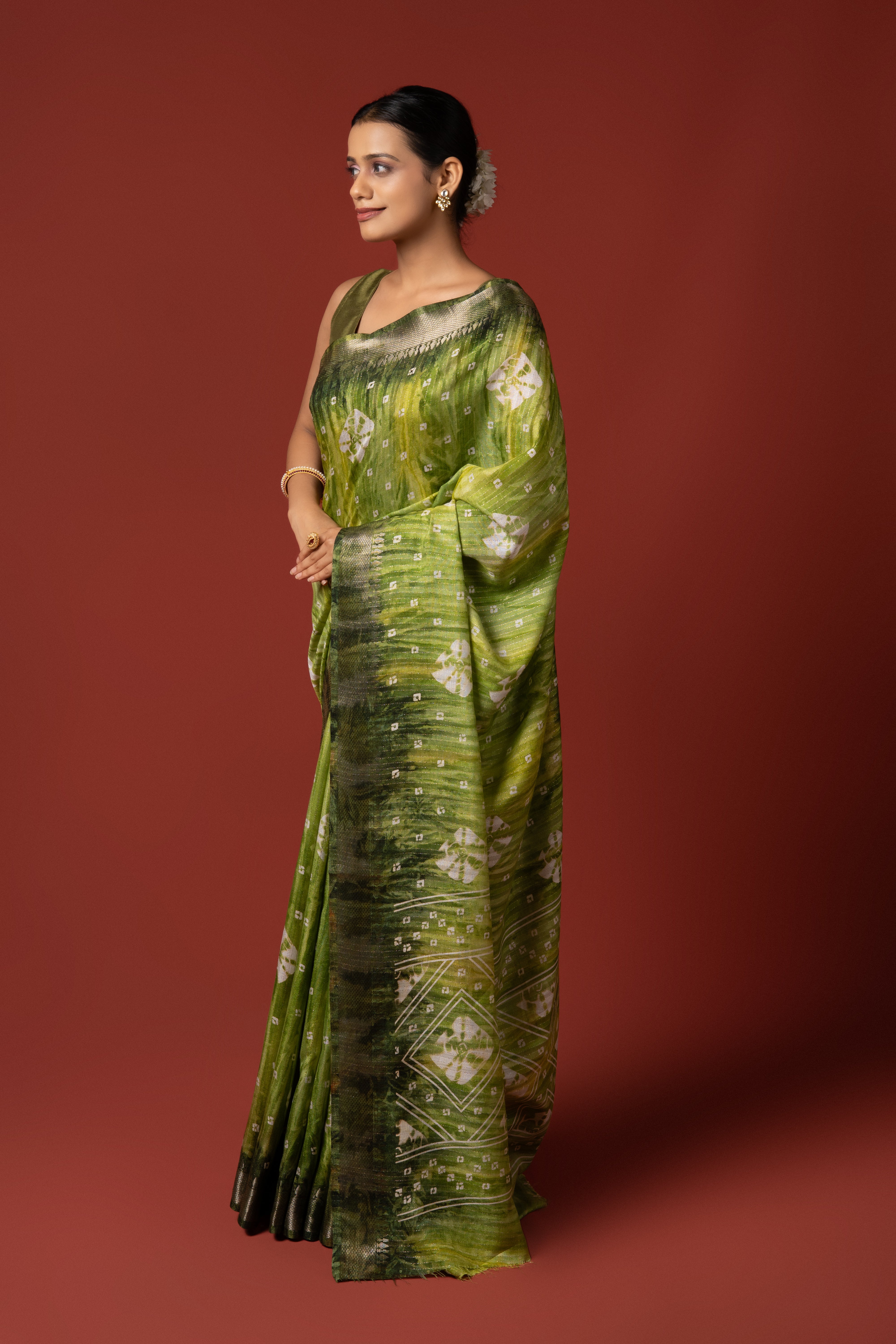 Lime Green Dola Silk Saree With Bandini Print