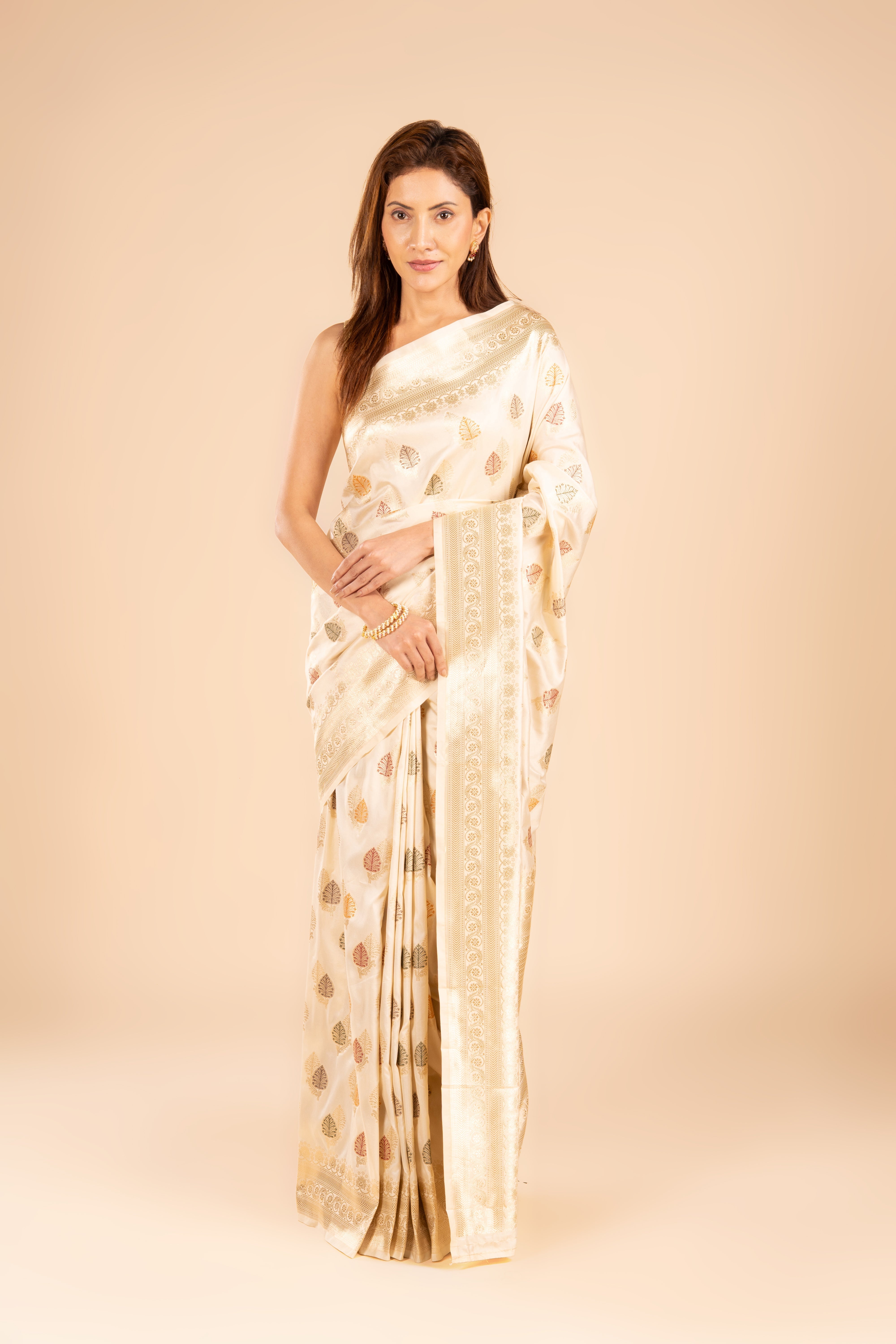 Cream Katan Silk Banarasi Saree