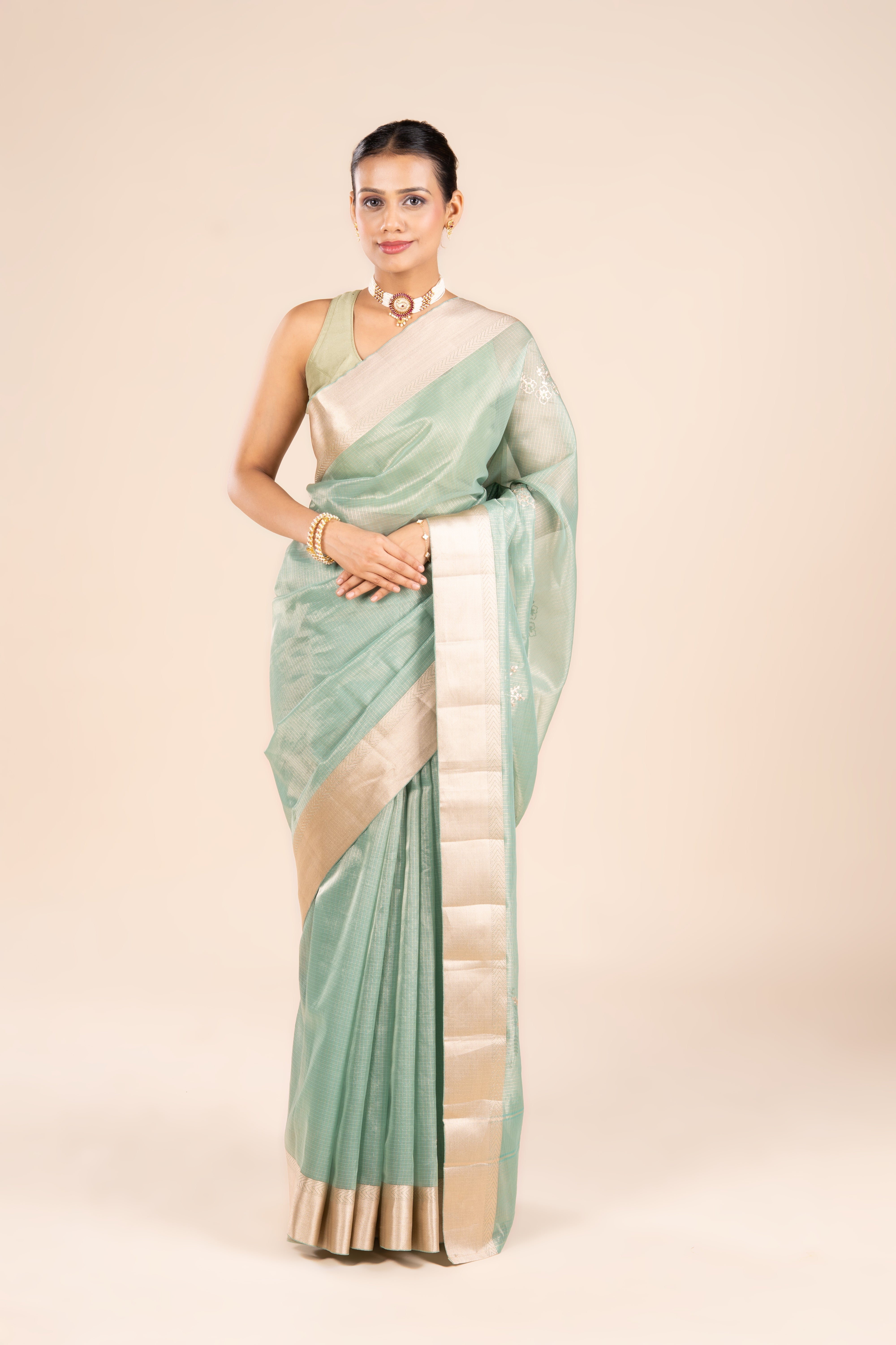 Sea Green Tissue Silk Saree with Pita work