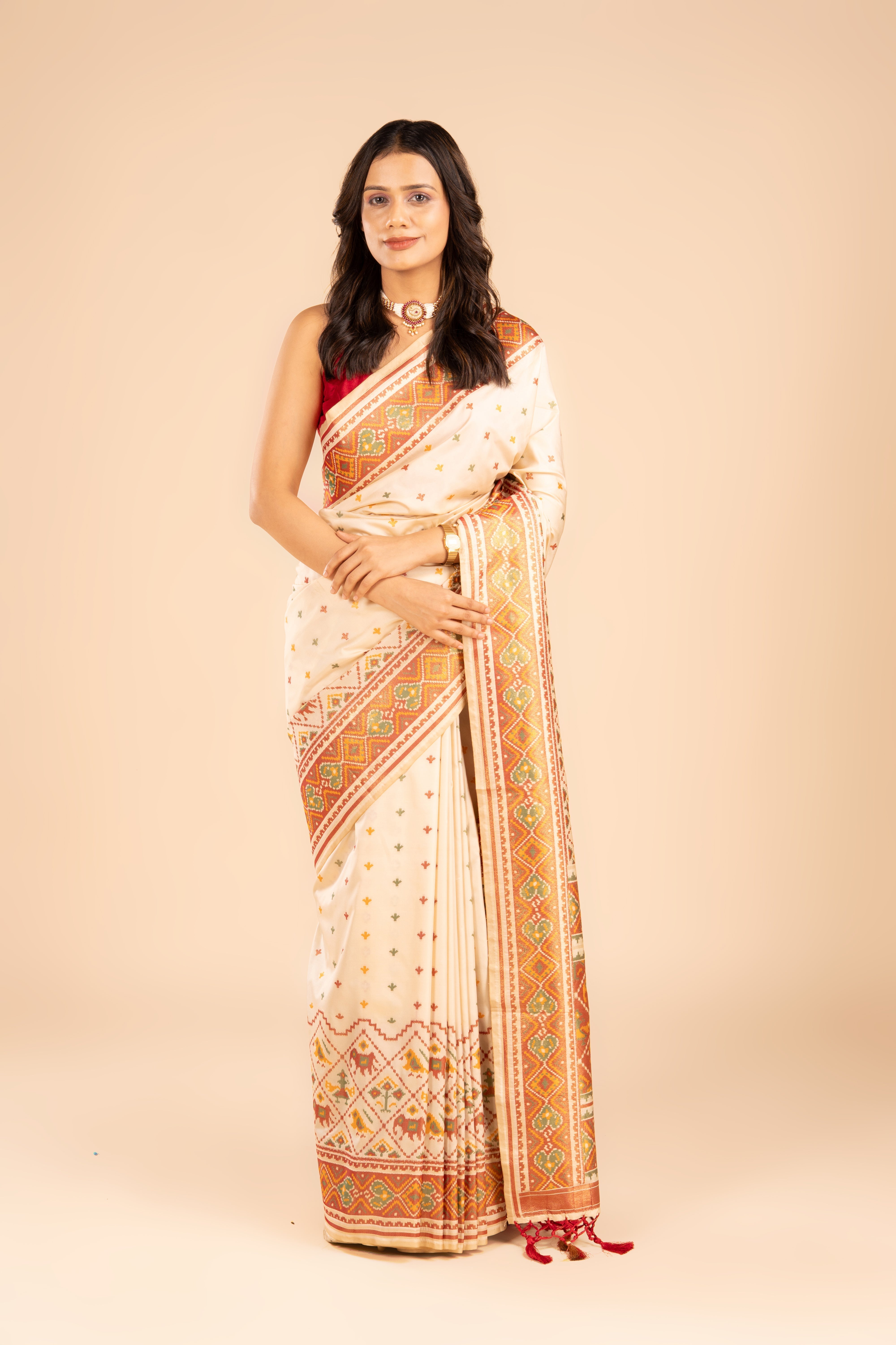Cream Katan Silk Ikkat Saree