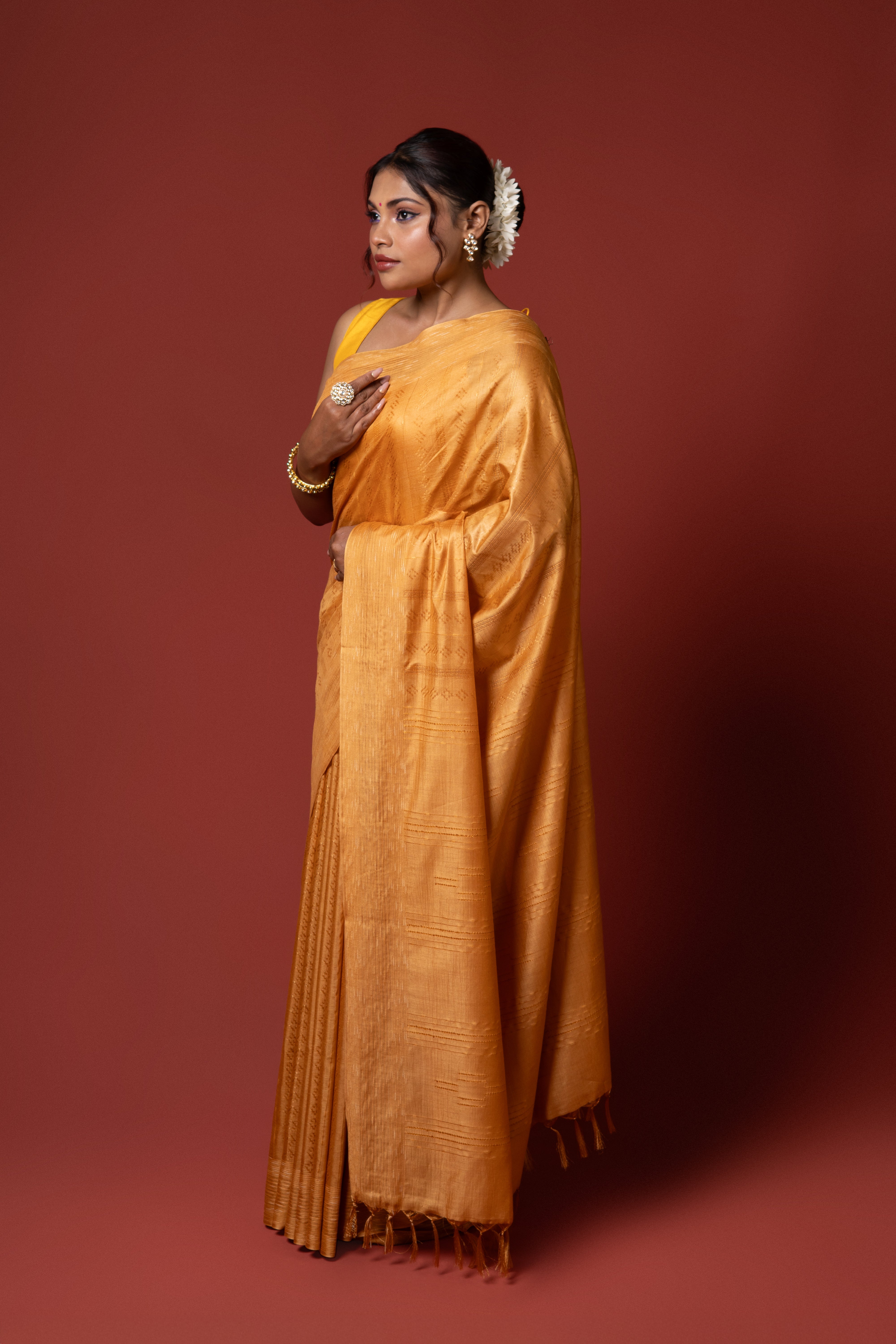 Mustard Yellow Tussar Silk Saree