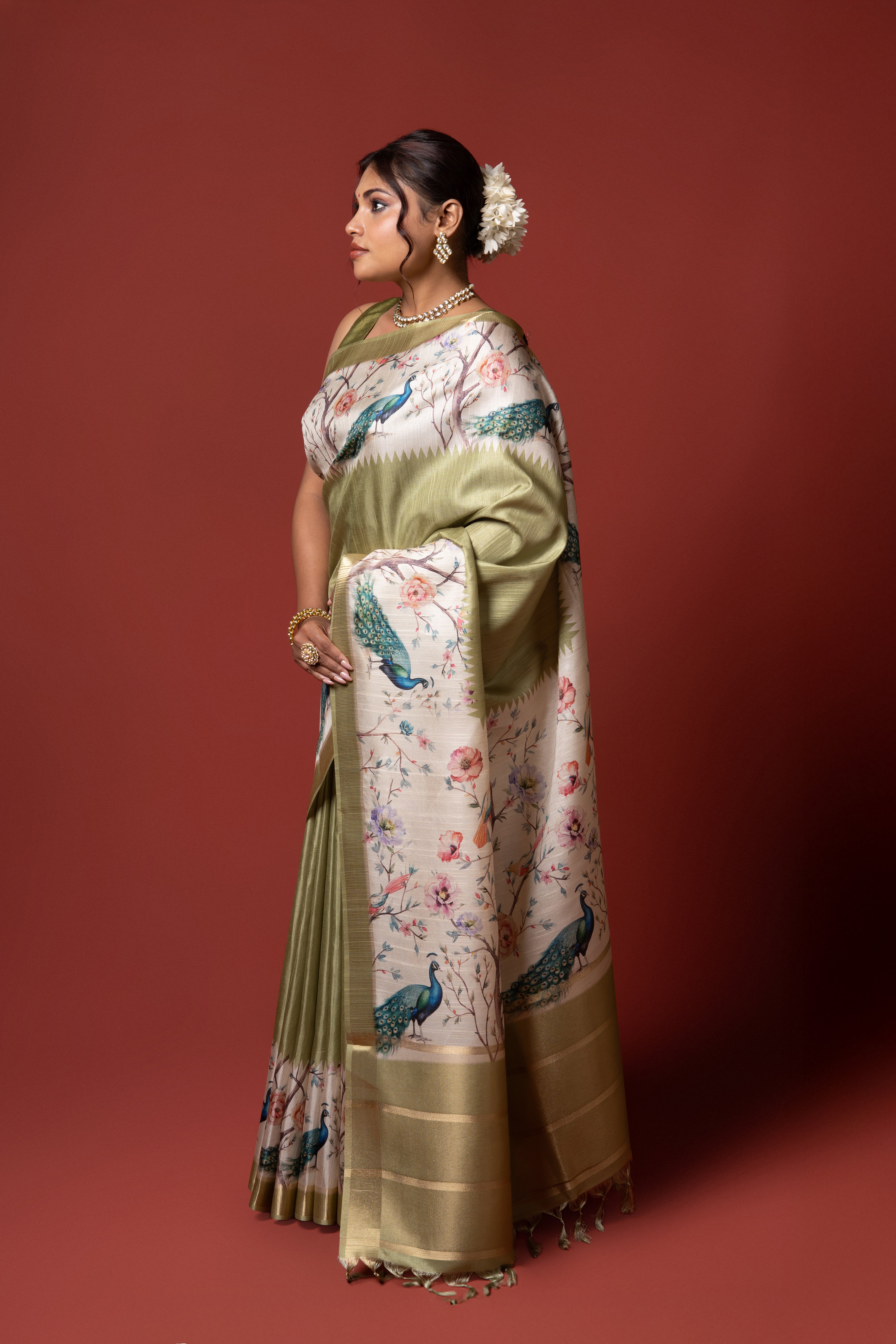 Pista Green Tussar Silk Saree
