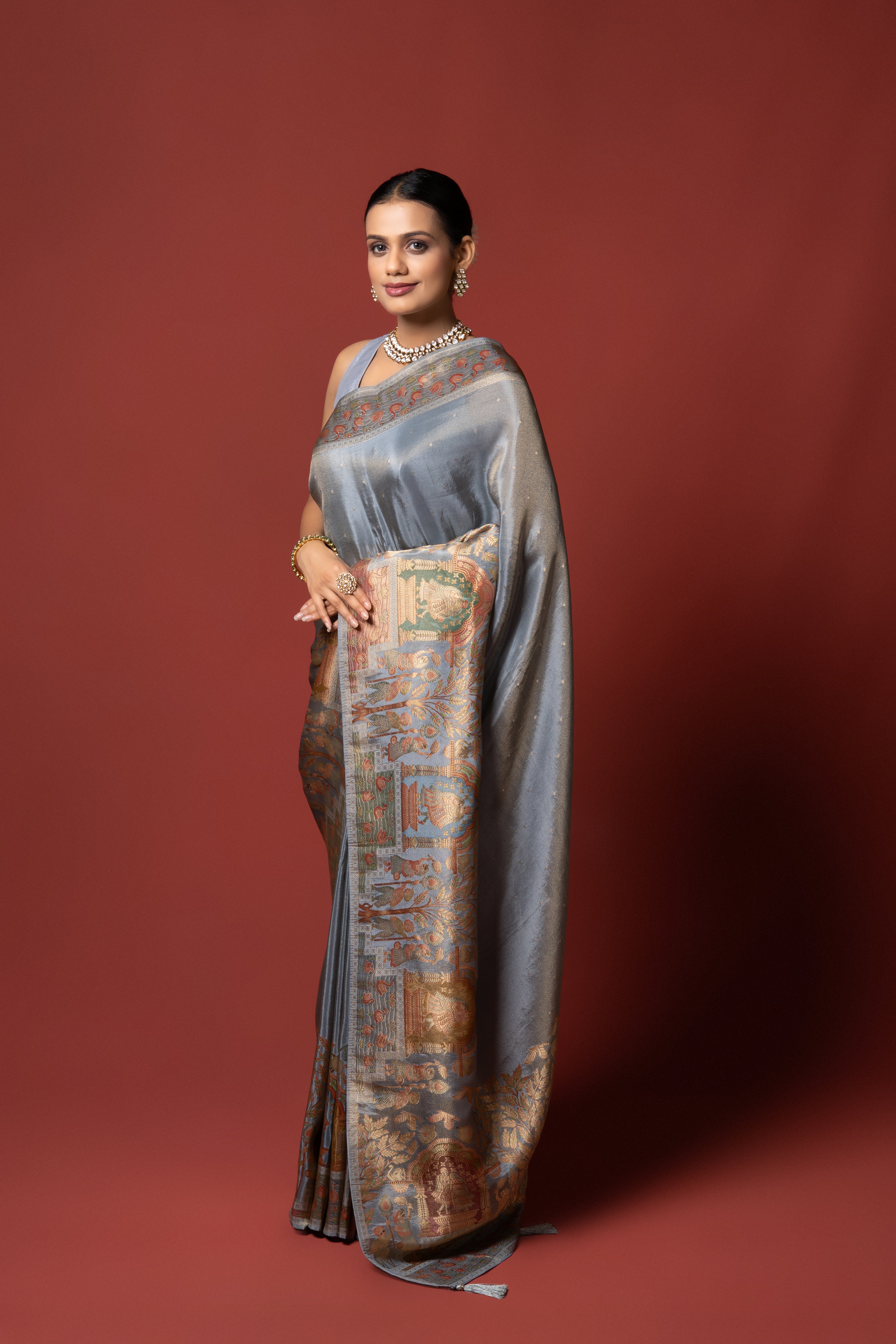 Grey Tussar Silk Saree