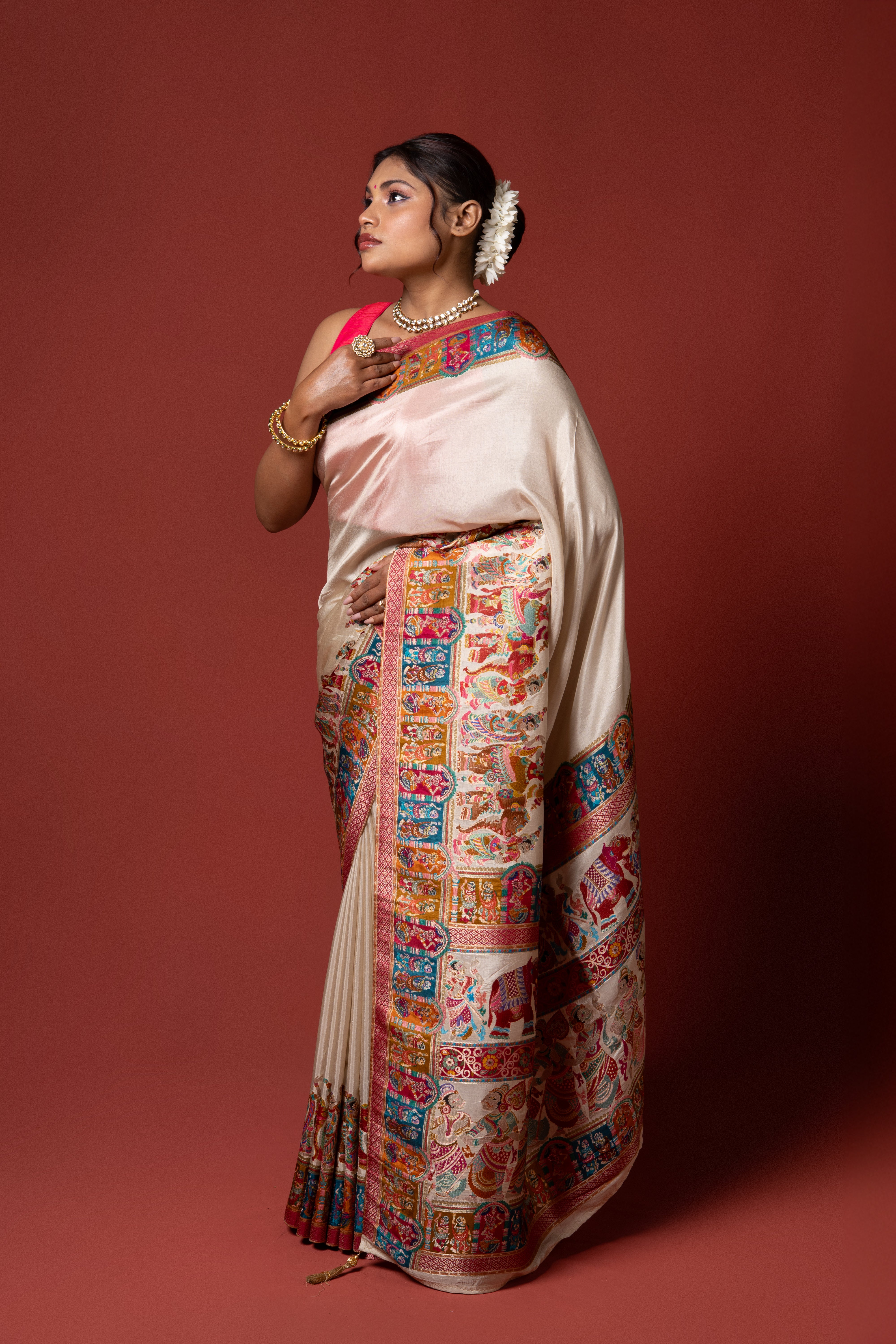 Cream Katan Silk Saree