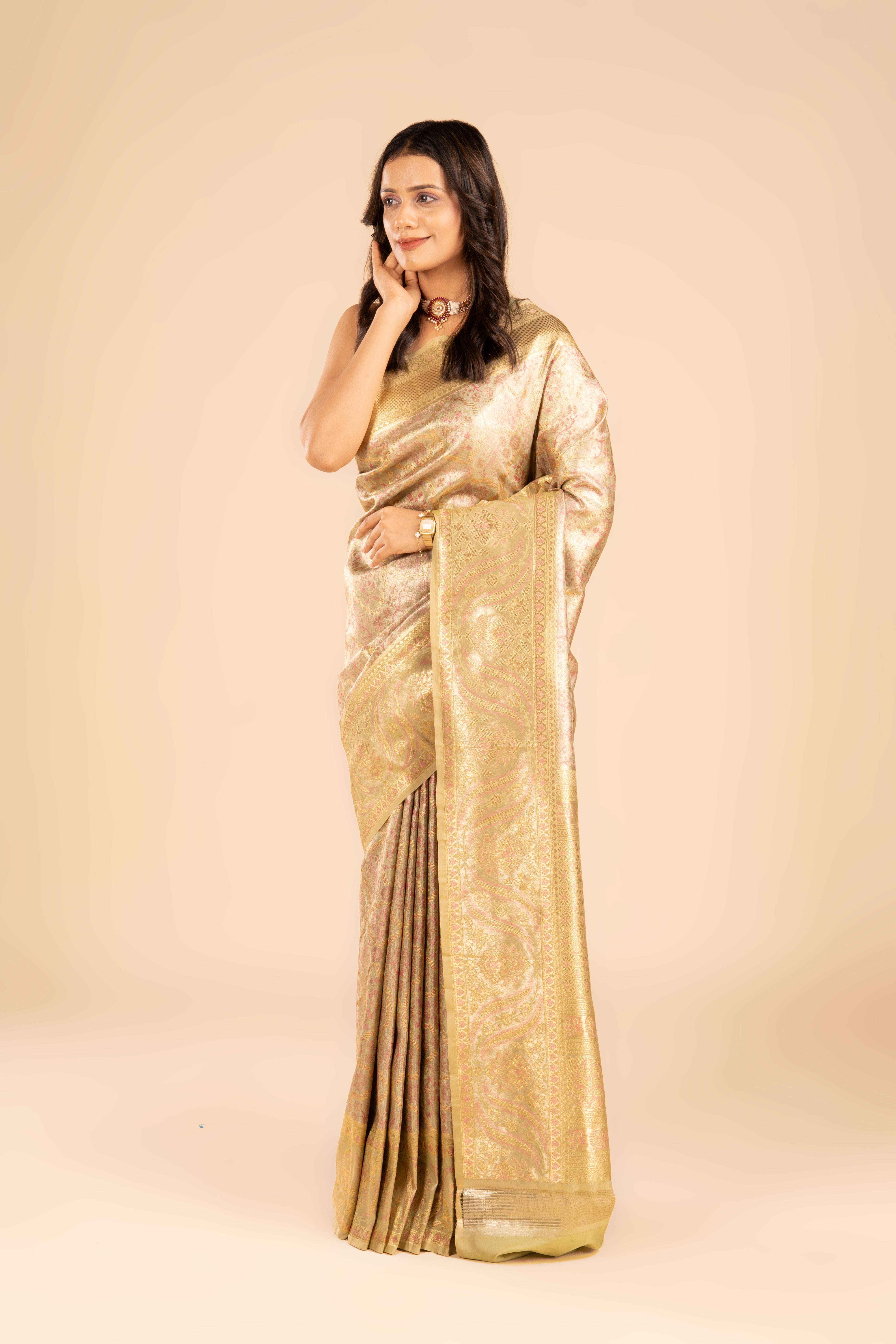 Golden Olive Tissue Silk Brocade Saree