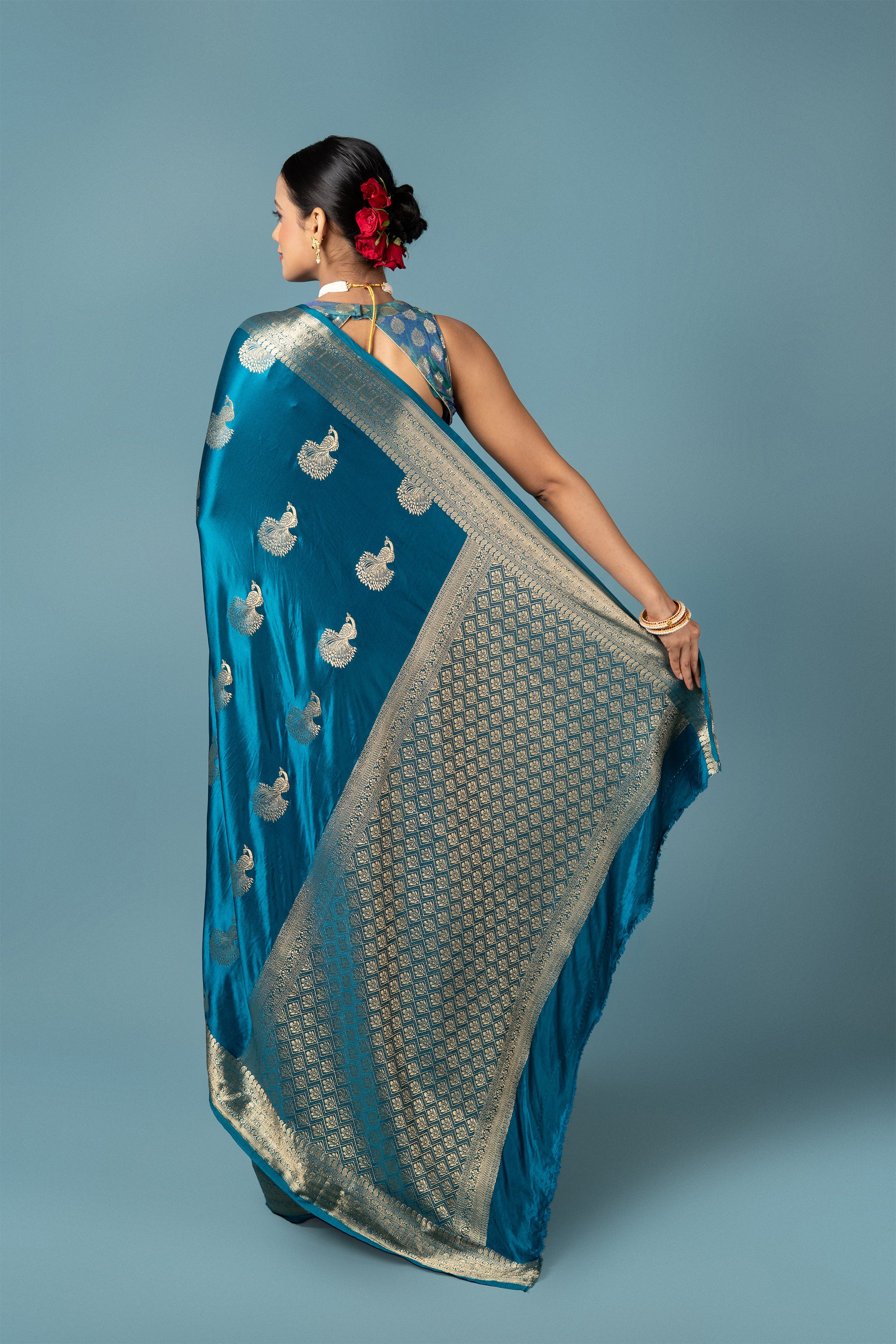 Peacock Blue Soft Silk Banarasi Saree