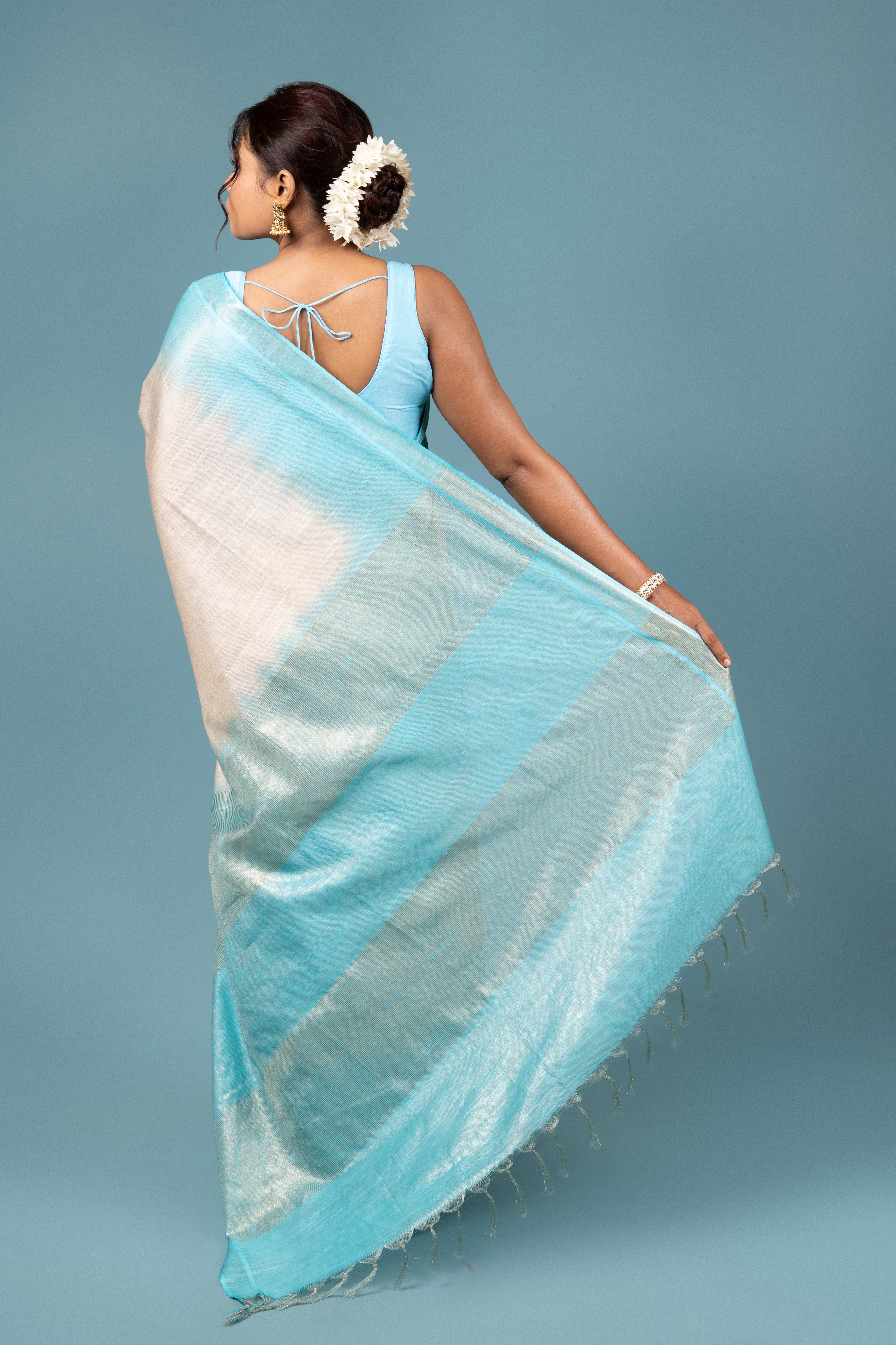 Baby Blue And Beige Tussar Silk Saree
