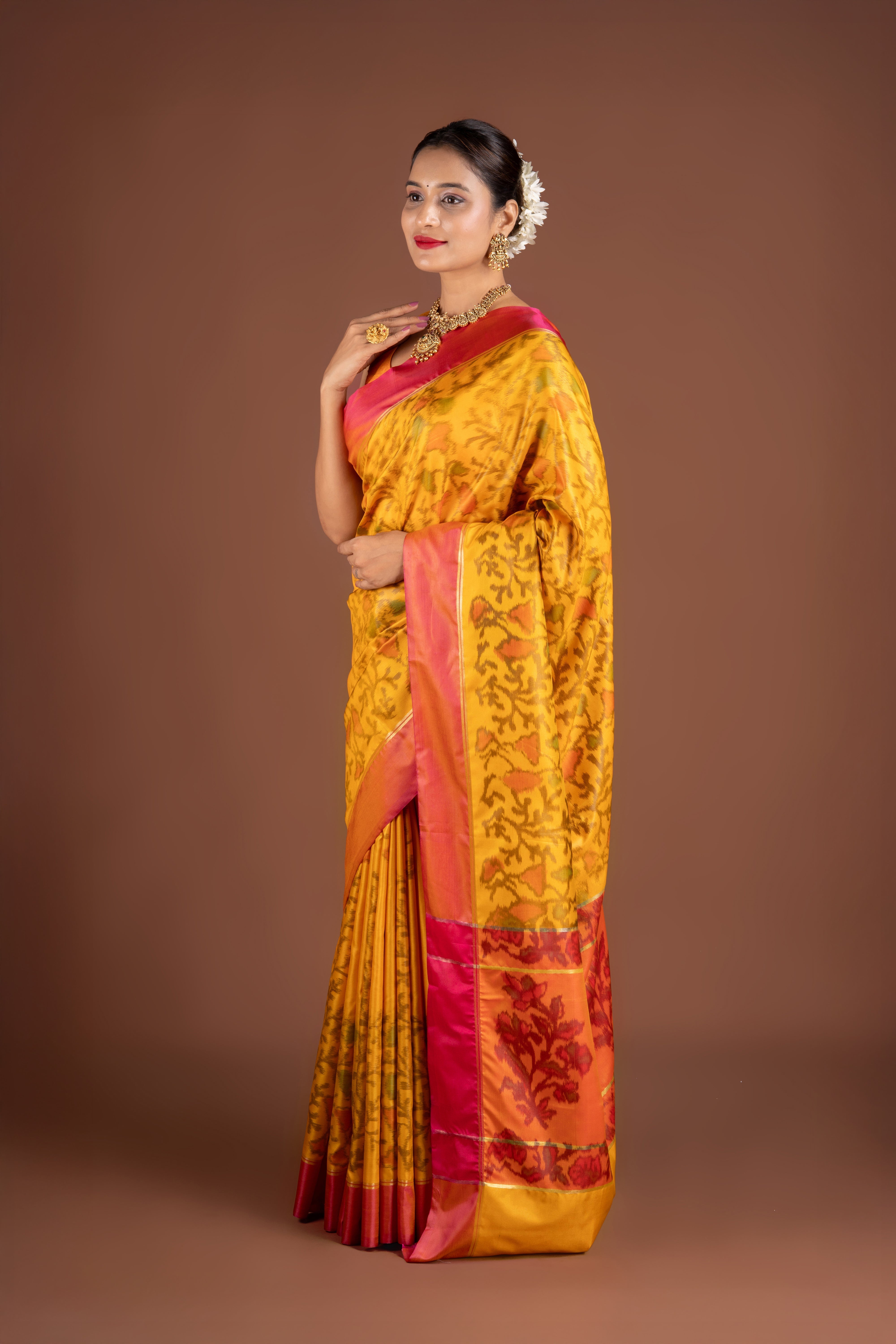Mustard Yellow Katan Silk Patola Saree