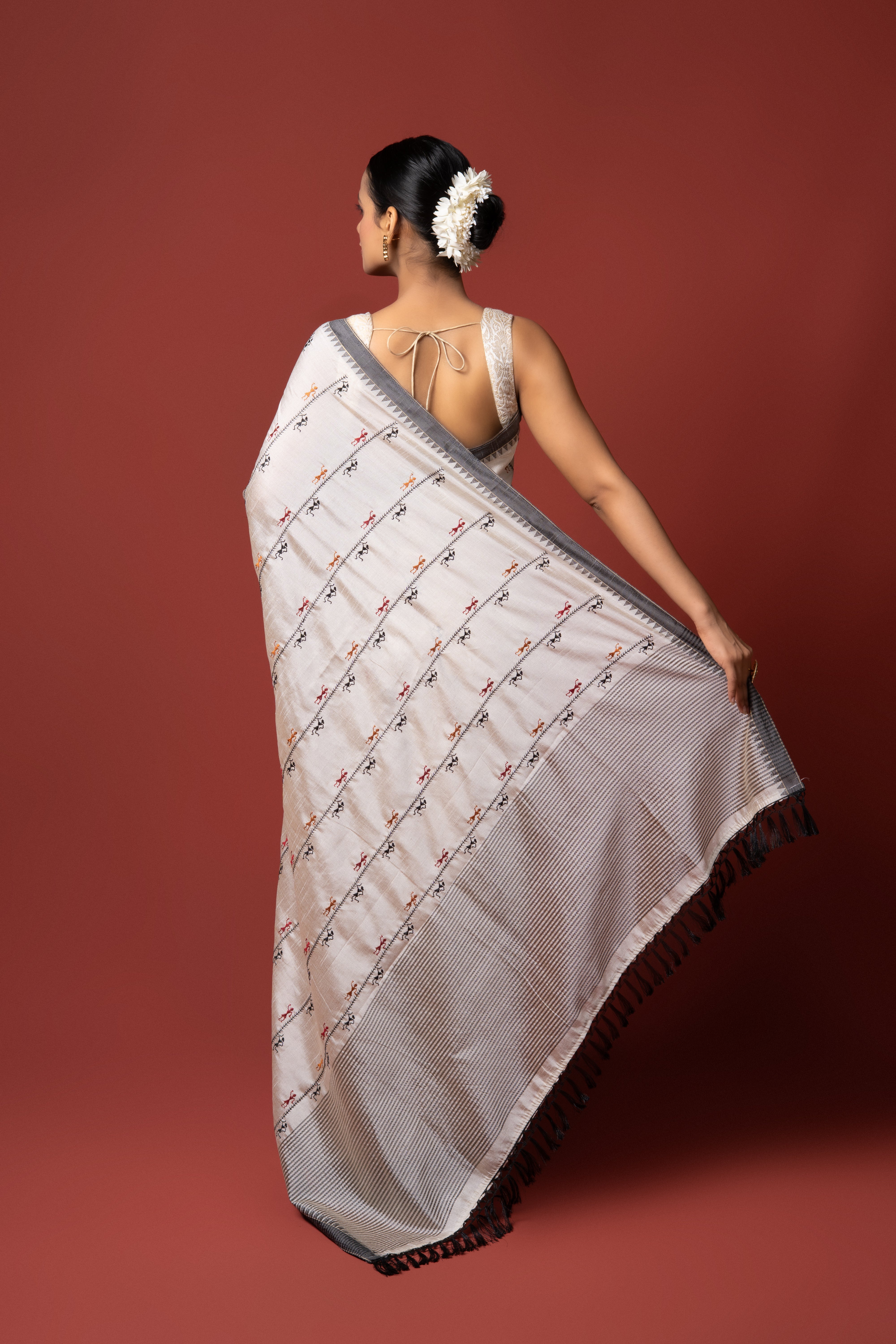 Cream Tussar Silk Saree with Waril Work