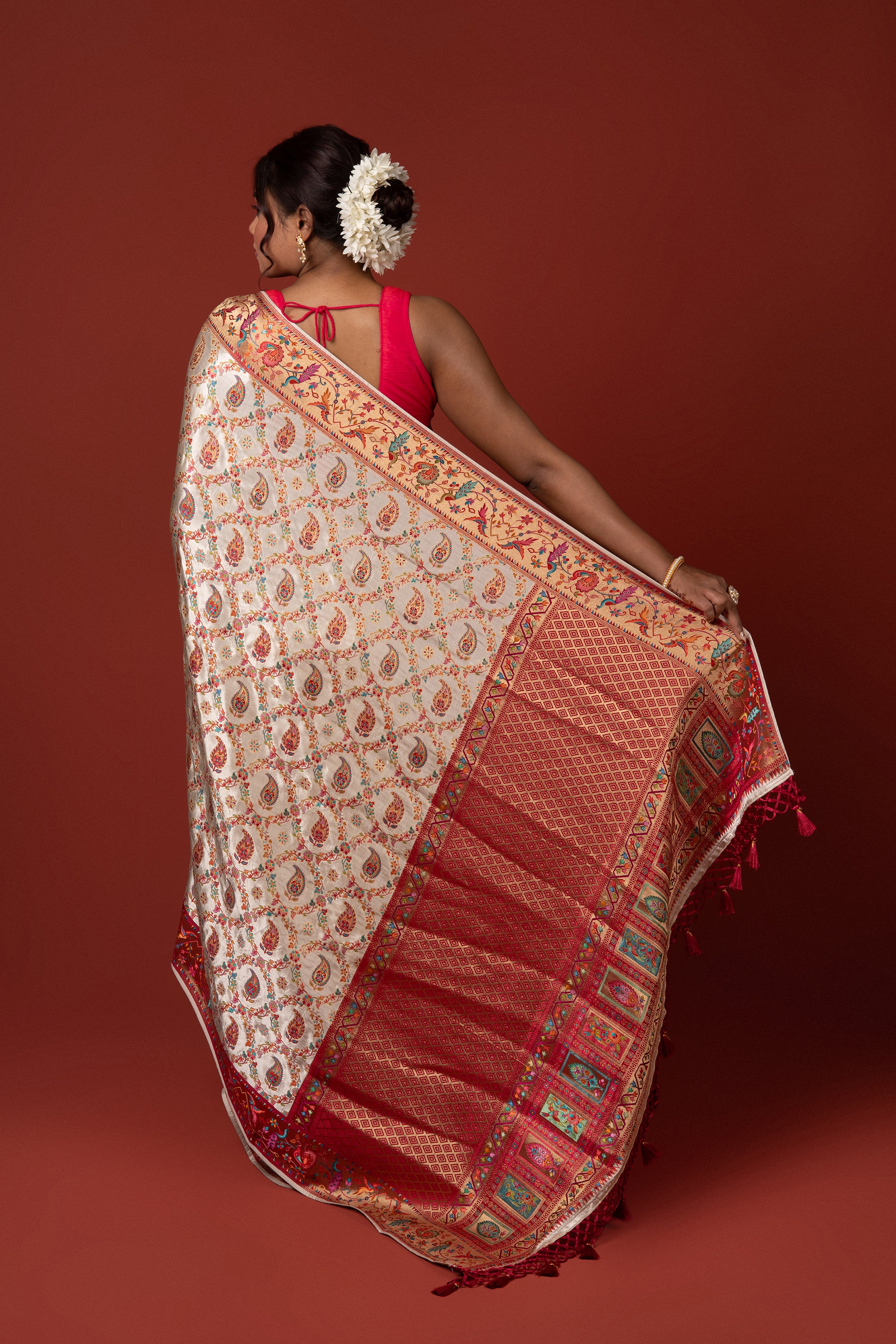 Cream Katan Silk Pashmina Saree