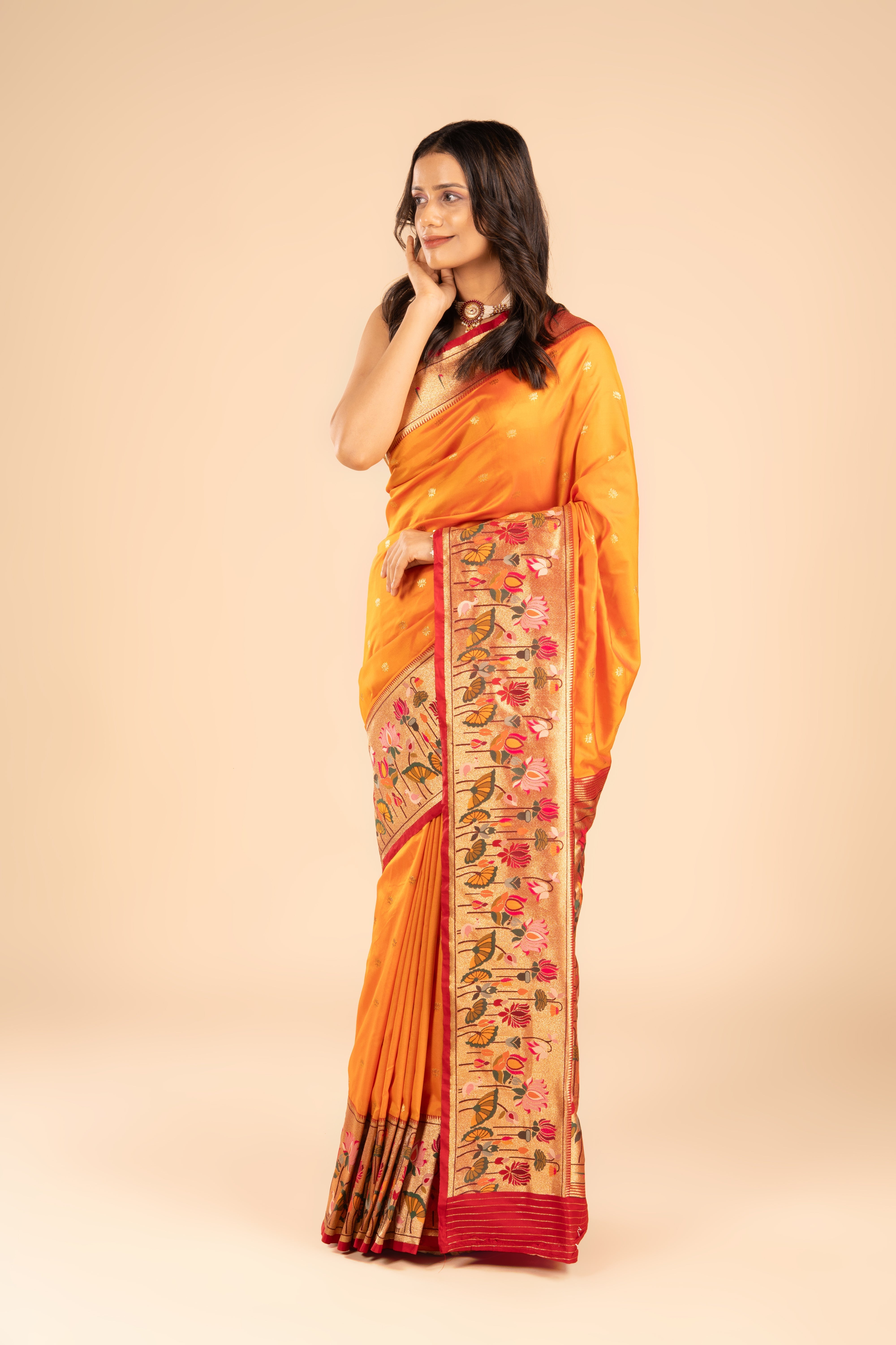 Orange Katan Silk Paithani Saree with Lotus border