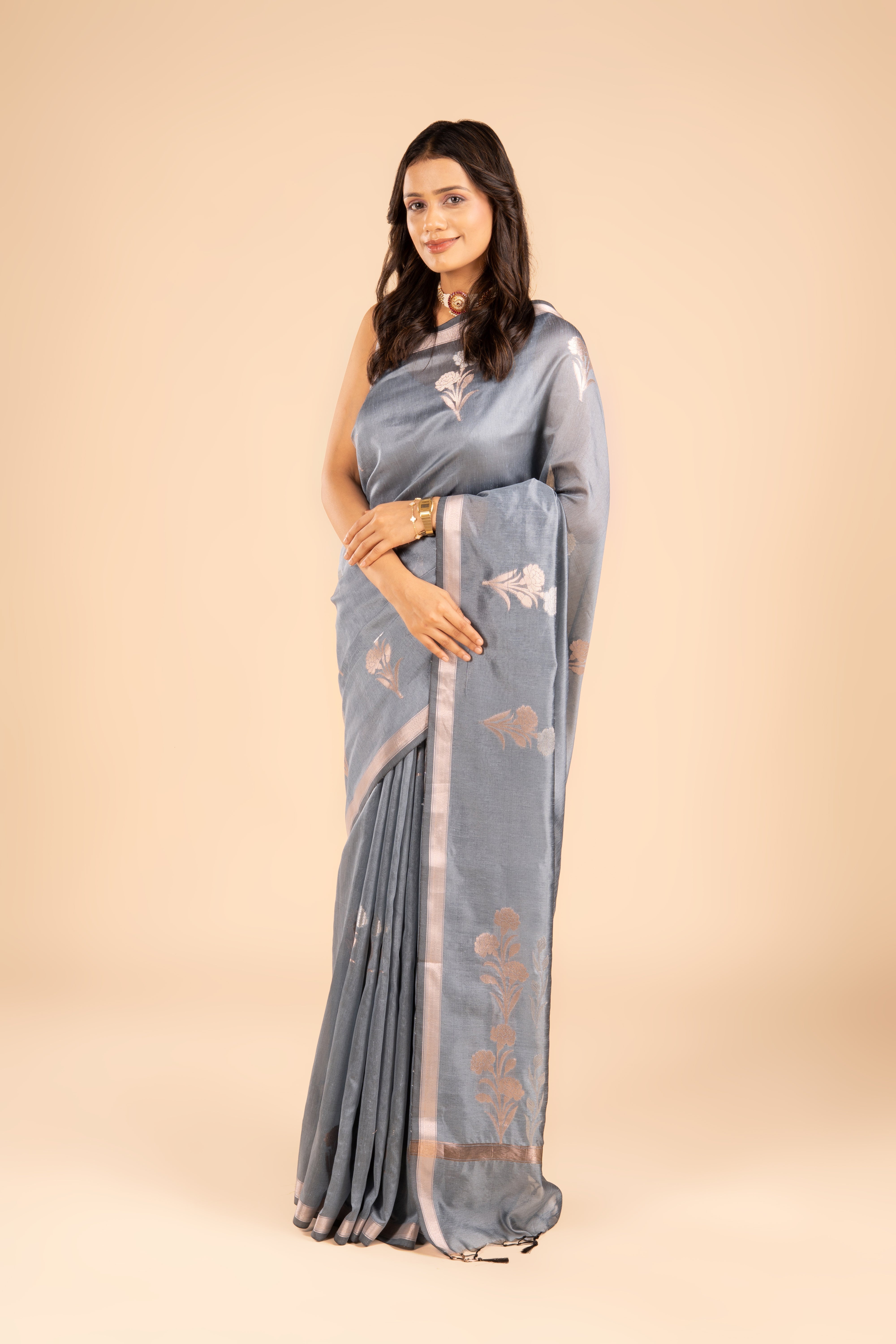Dusty Blue Tissue Silk Saree