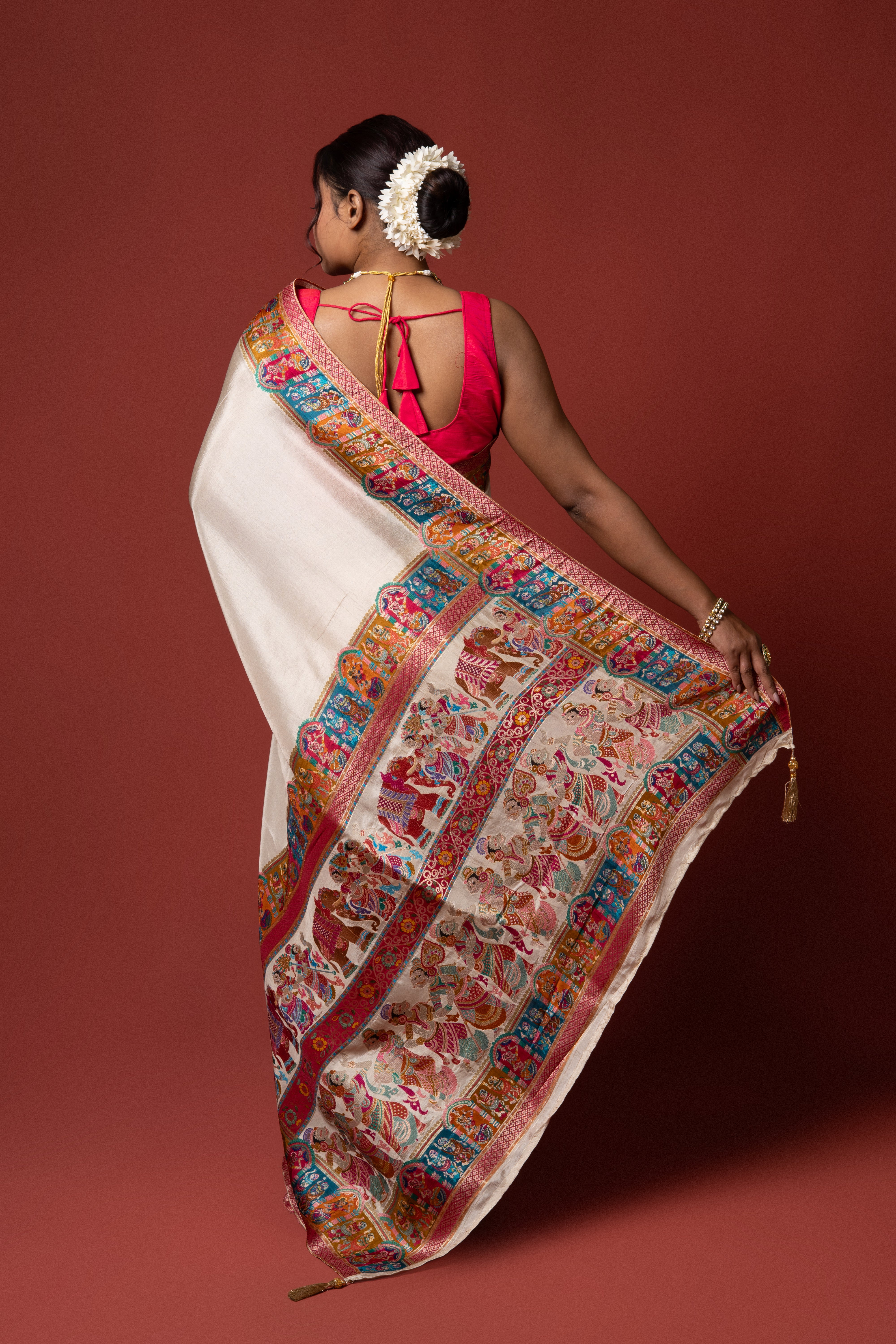 Cream Katan Silk Saree
