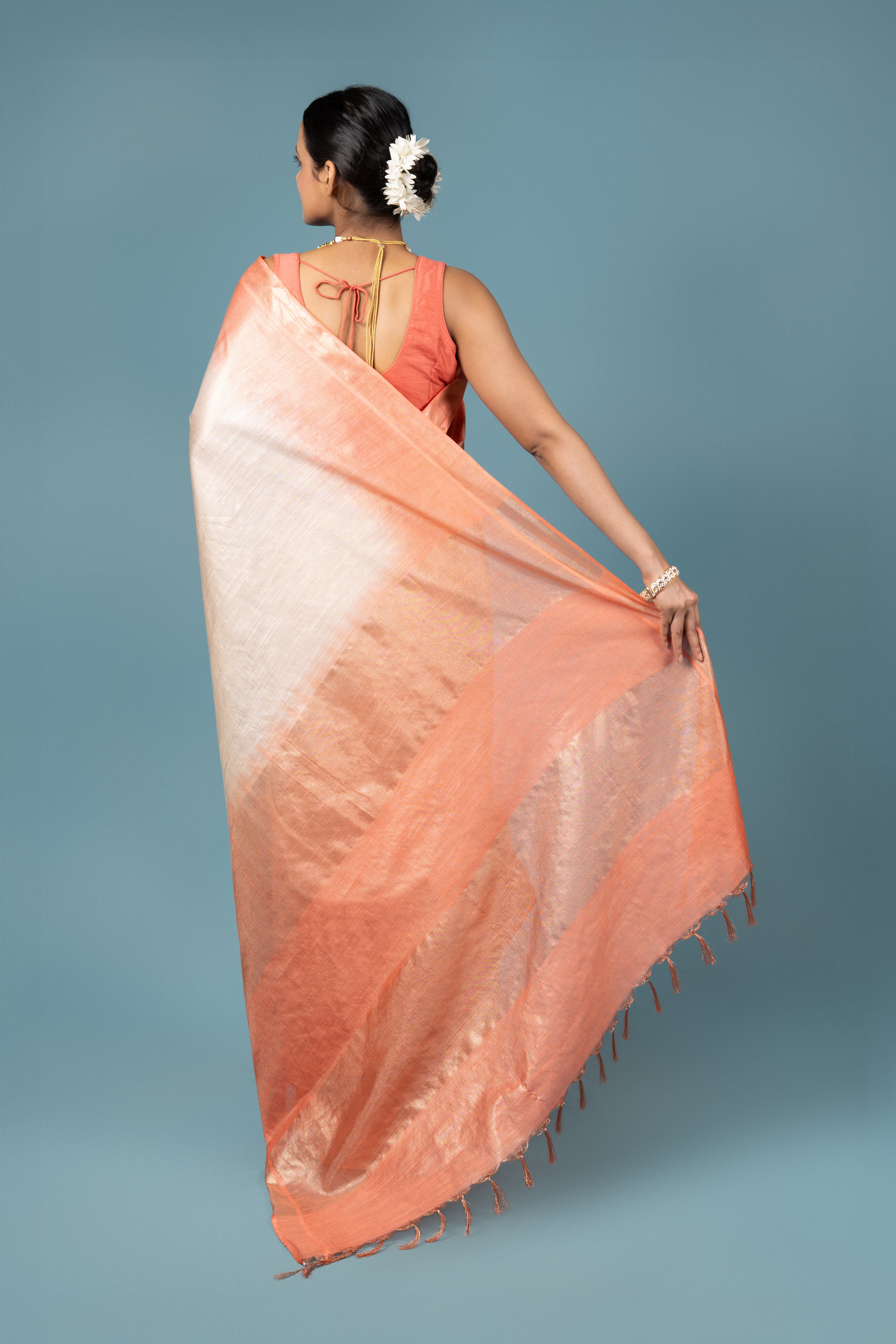 Peach And Beige Tussar Silk Saree