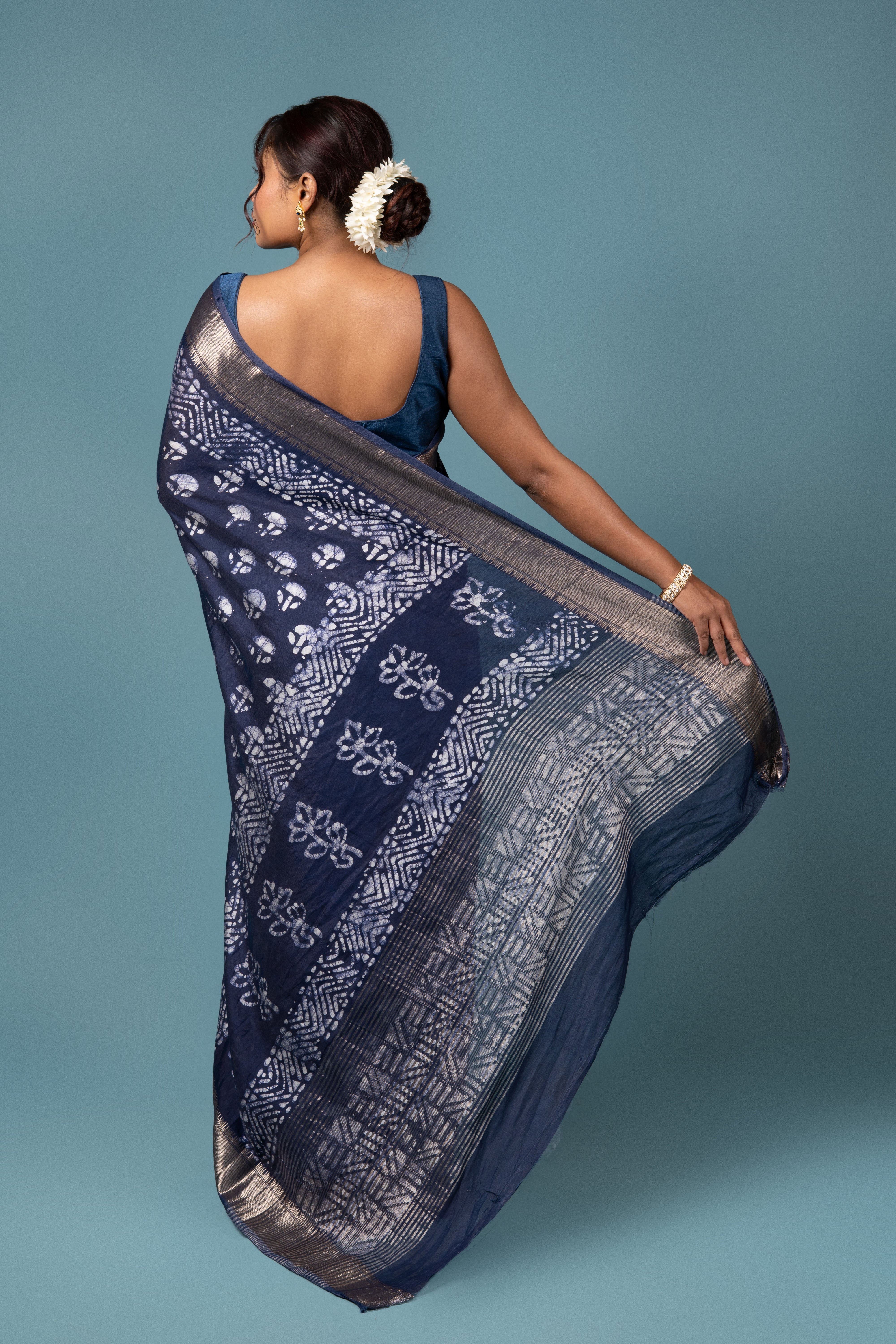 Midnight Blue Cotton Saree with Batik Print