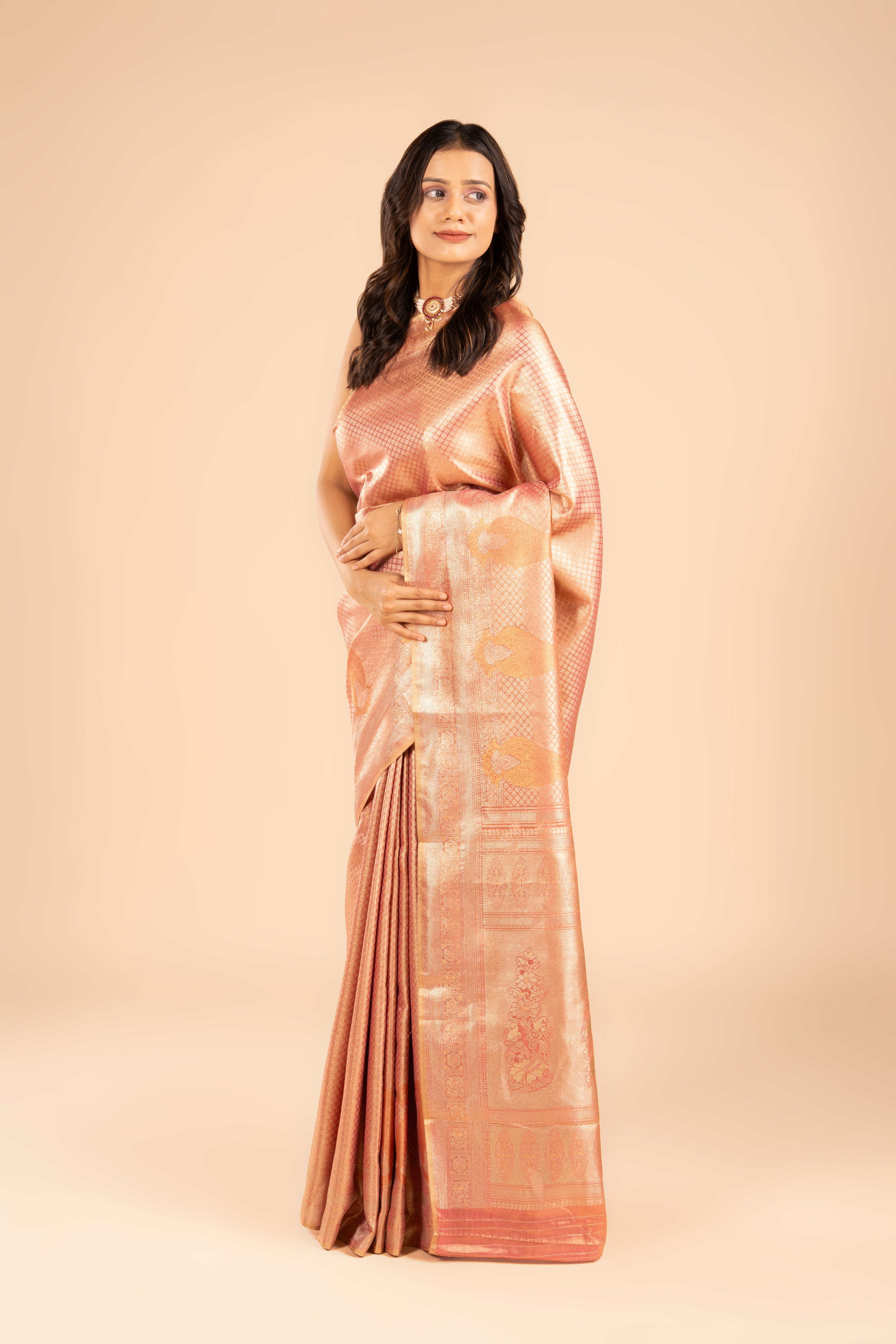 Rose Gold Tissue Silk Brocade Saree