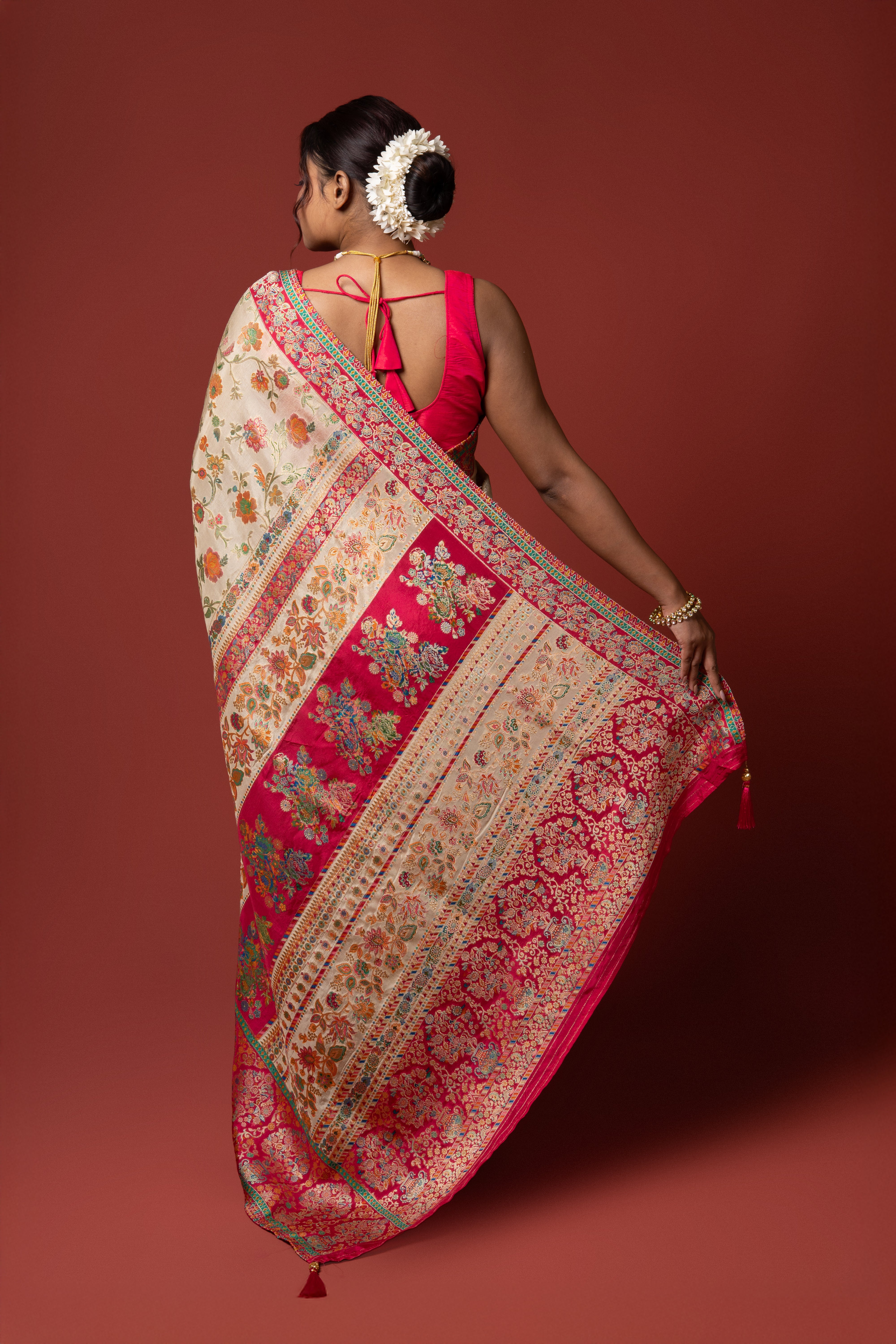 Cream Yellow Katan Silk Saree