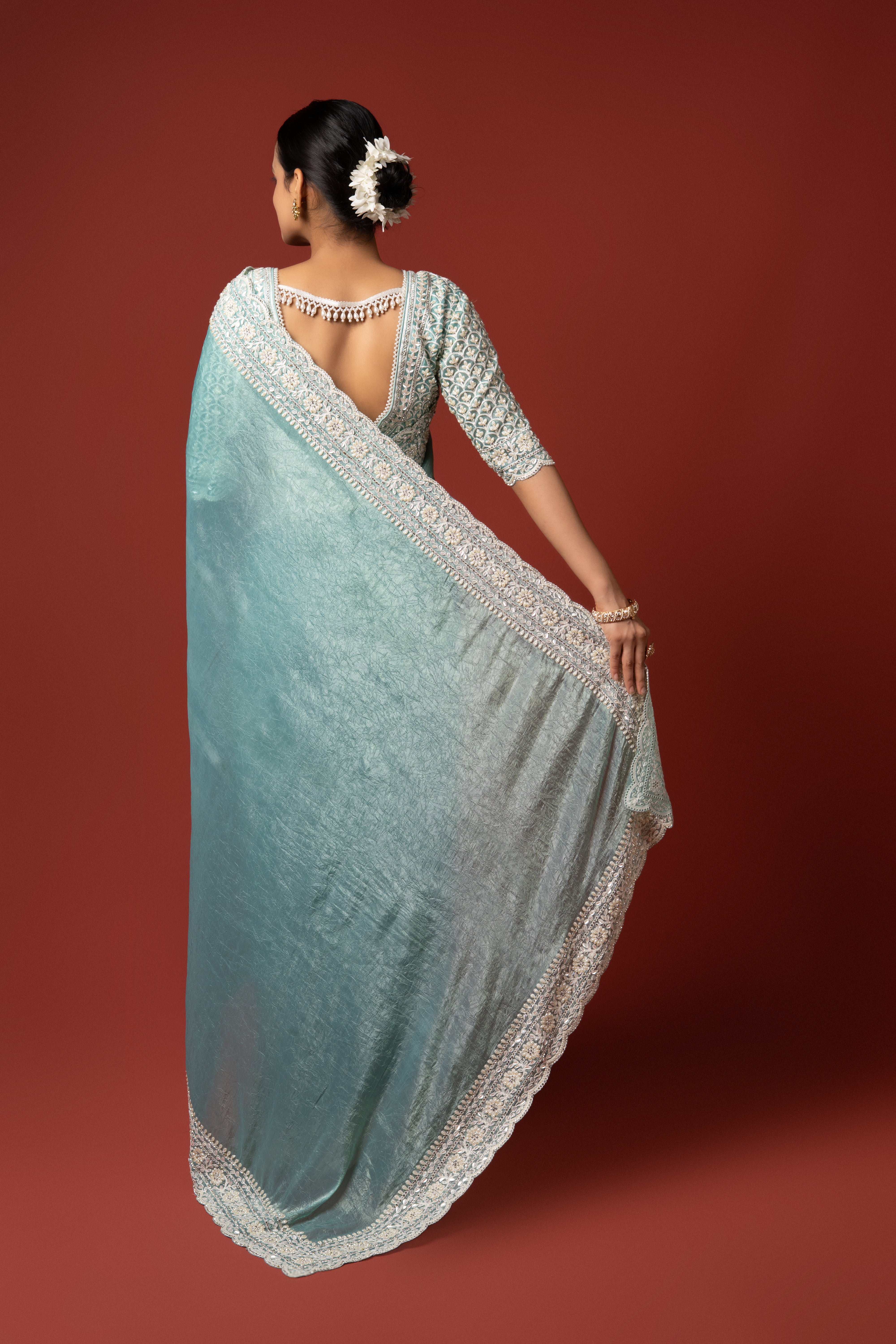 Sea Green Organza Saree With Stone Work