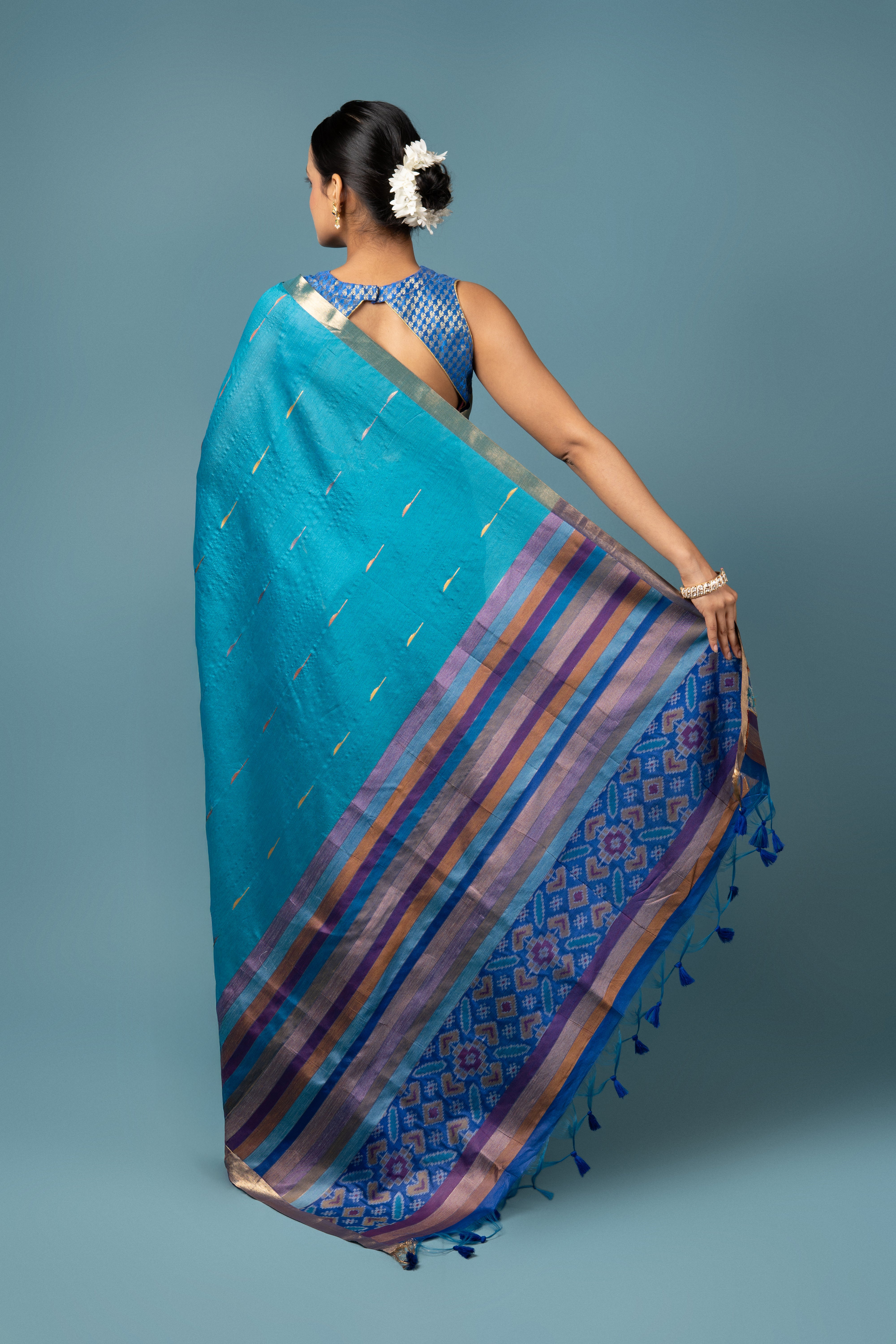 Blue Tussar Silk Saree with Patola Print