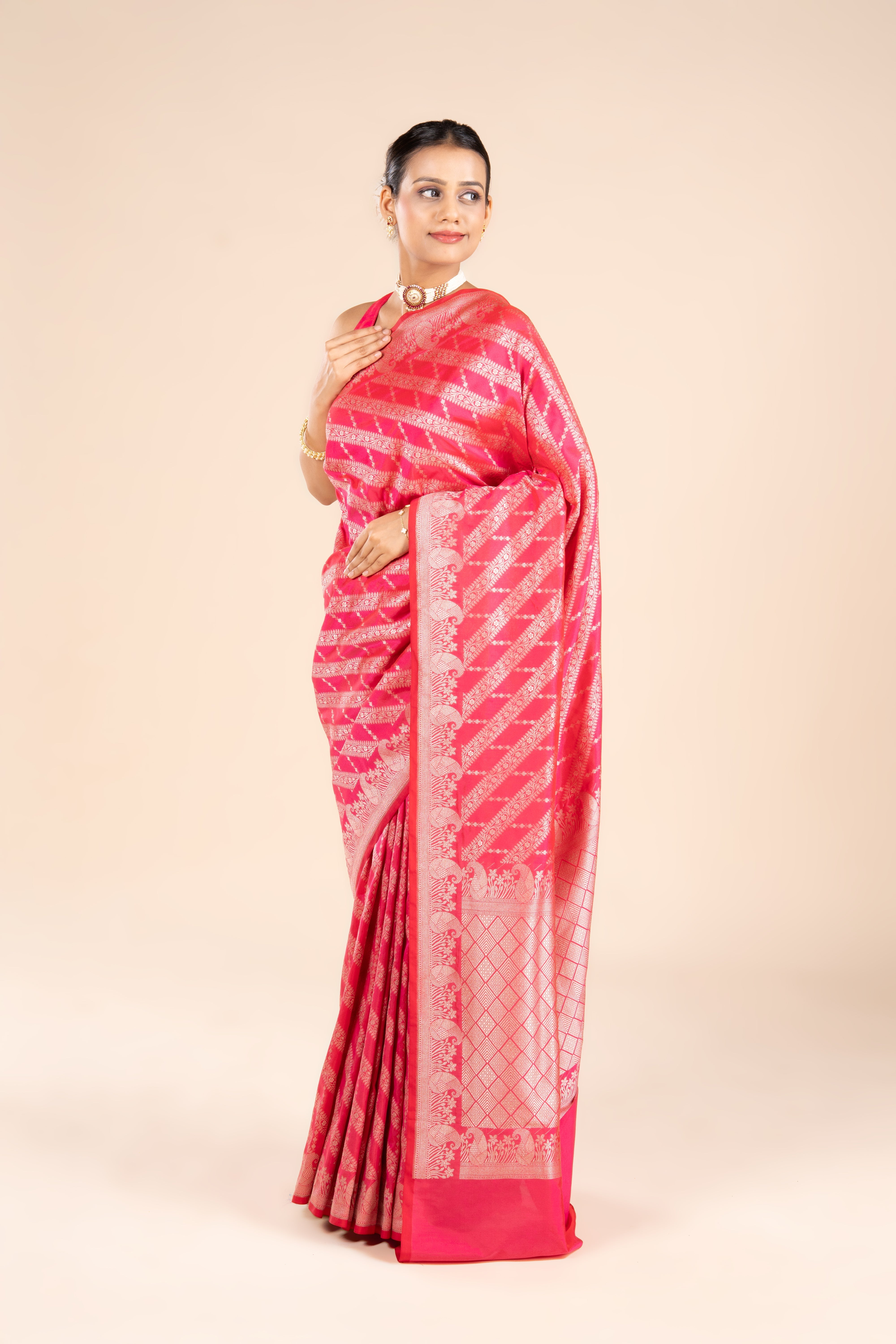 Rani Pink Katan Silk Banarasi Saree with Leheriya Pattern