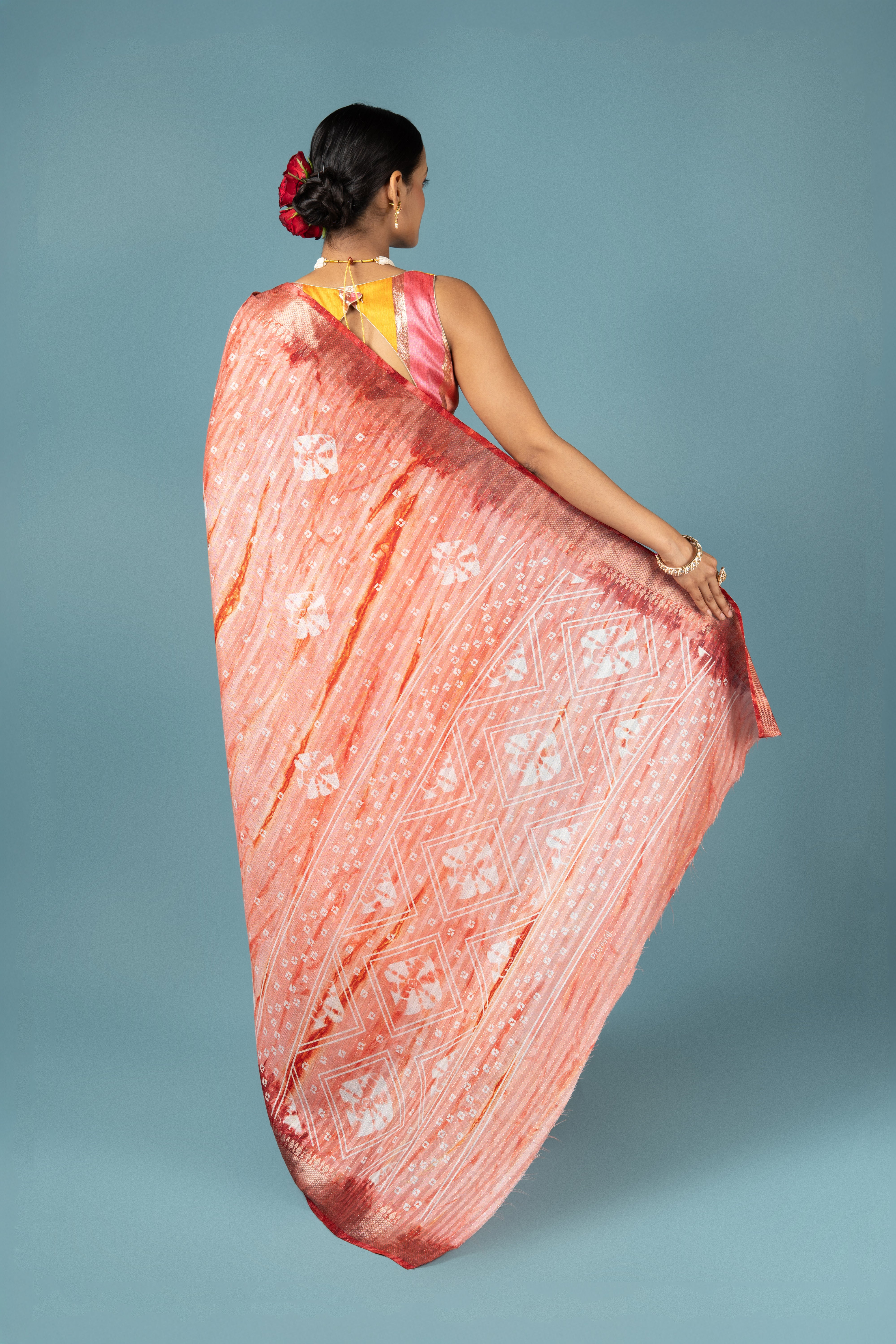 Peach Dola Silk Saree With Bandhani Print