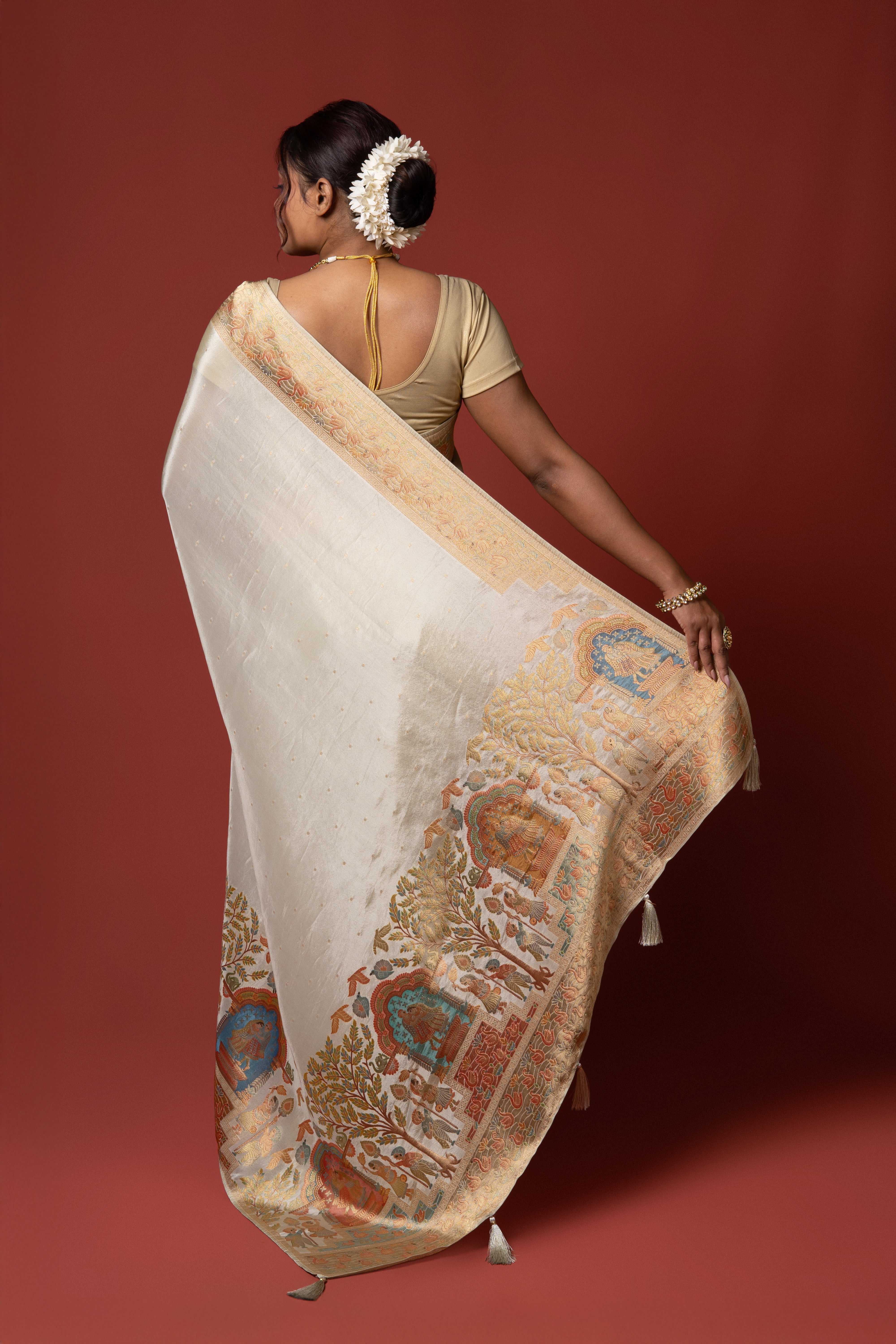 Cream Tussar Silk Saree