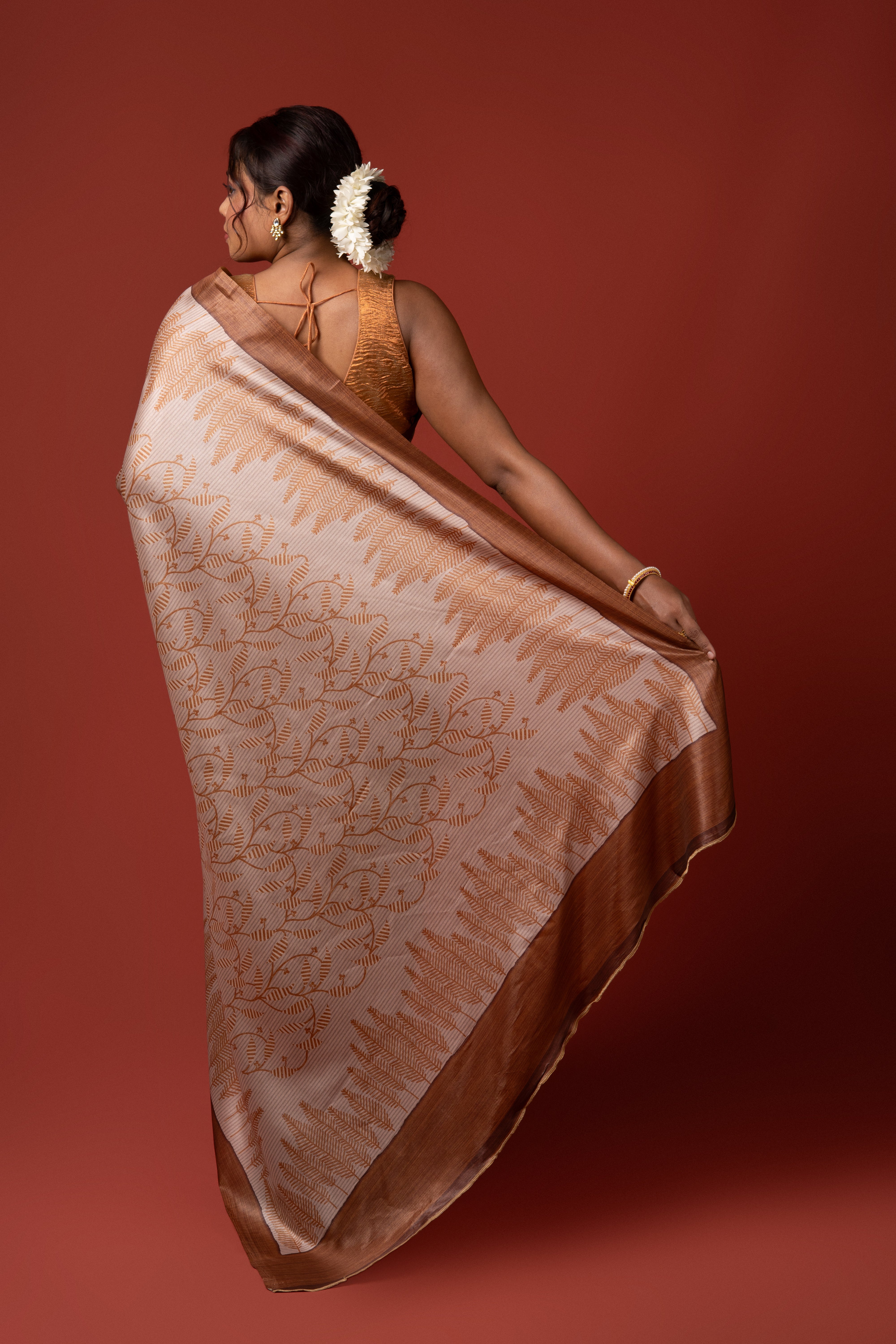 Beige And Mustard Crepe Silk Saree