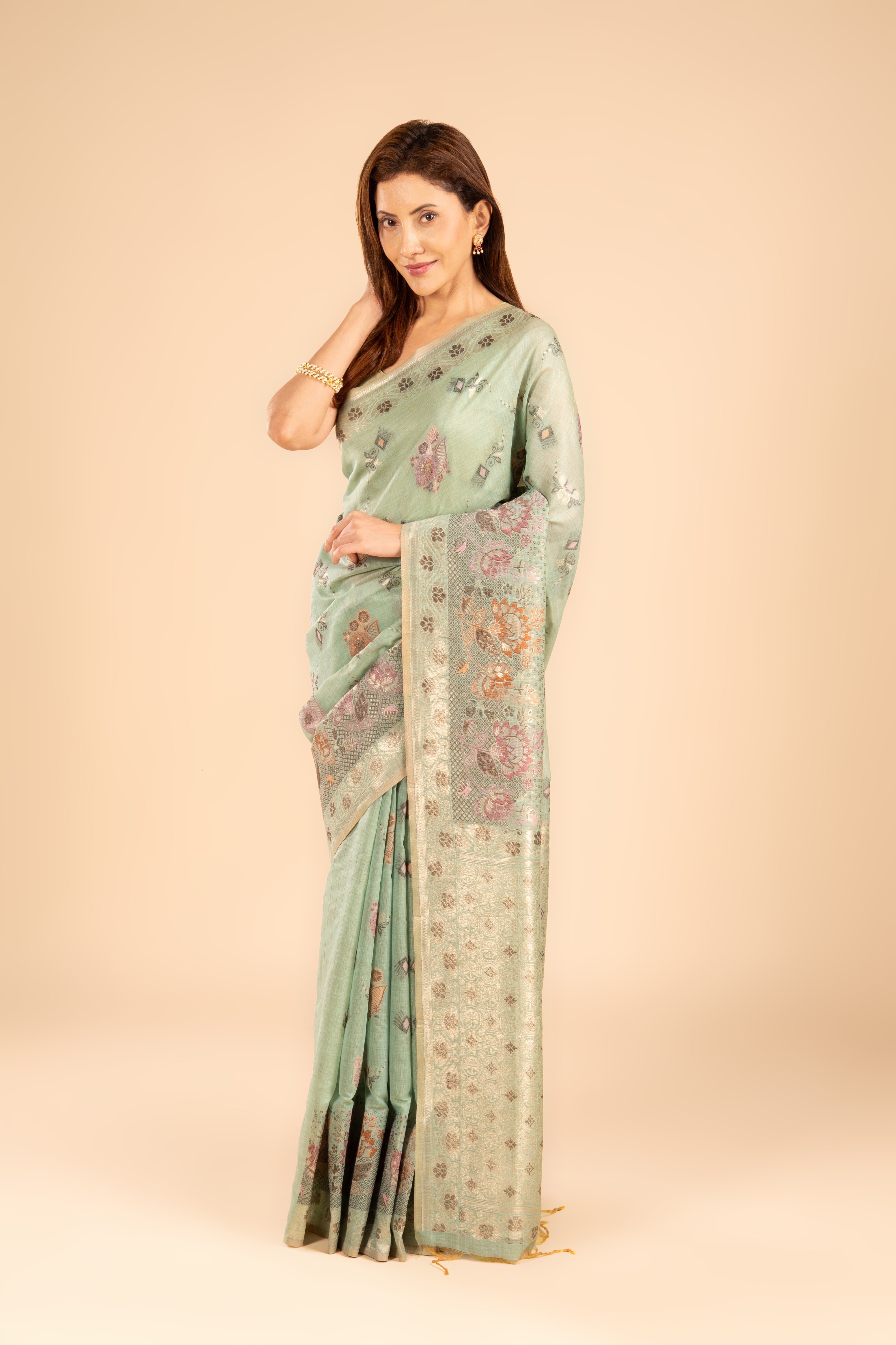 Sea Green Silk Linen Saree